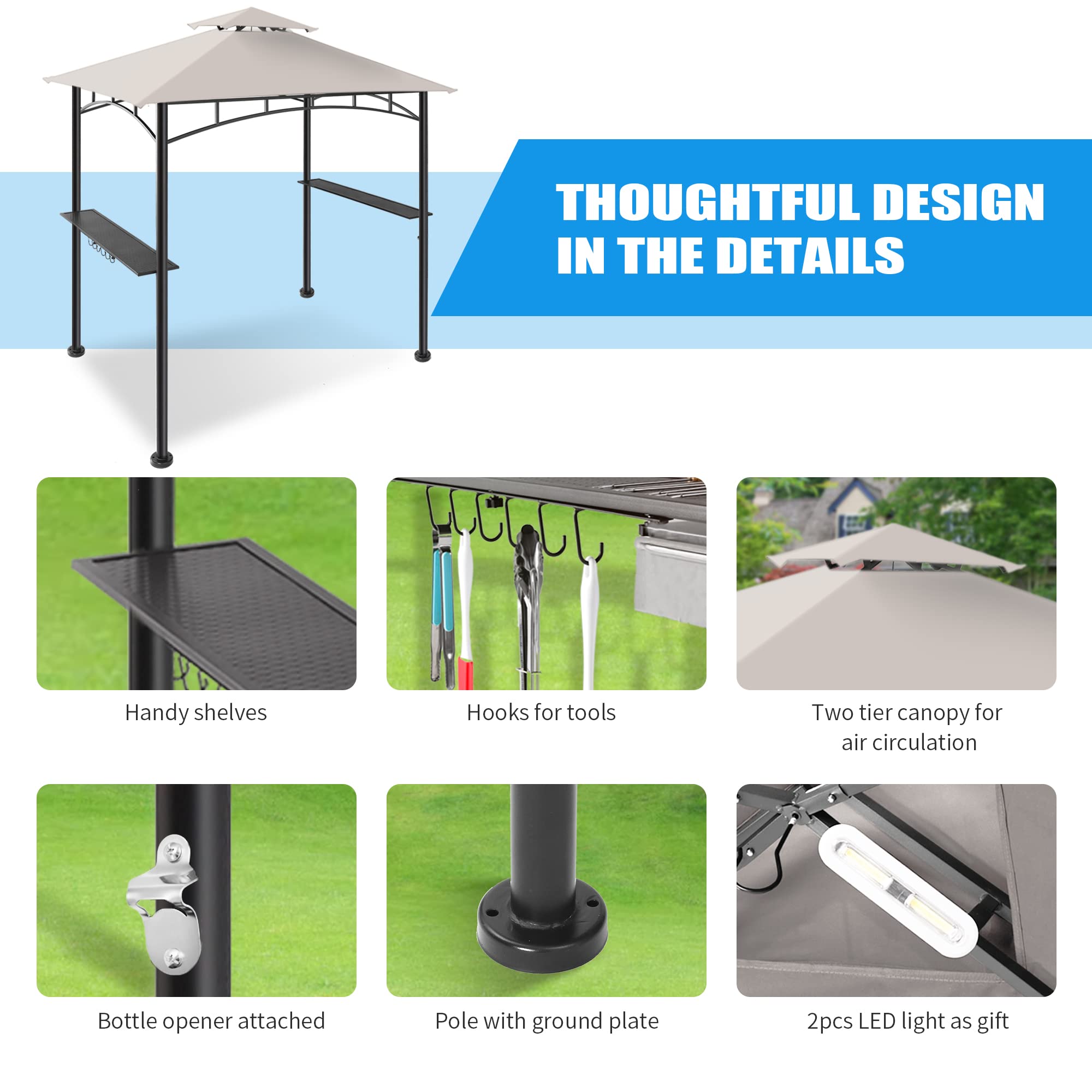 5x8 Grill Gazebo Canopy with Shelves & 2 LED Lights - Waterproof Outdoor BBQ Shelter for Patio, Backyard, Garden - Grey FAB BASED Gazebo for Cooking, Dining & Entertaining