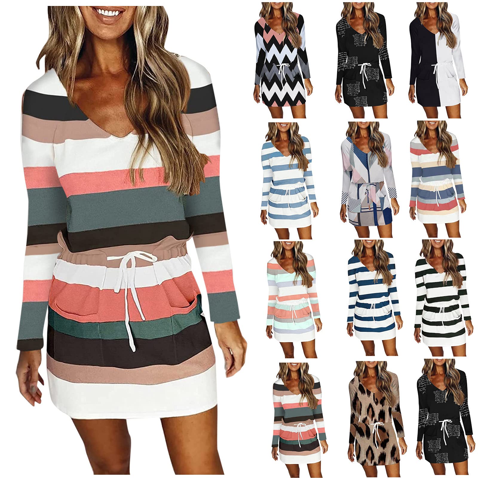 YHAIOGS Women's Summer V-Neck Swing Dress - Casual Long Sleeve Striped Belted Midi Dress for Plus Size | Perfect for Beach, Office & Date Night Outfits