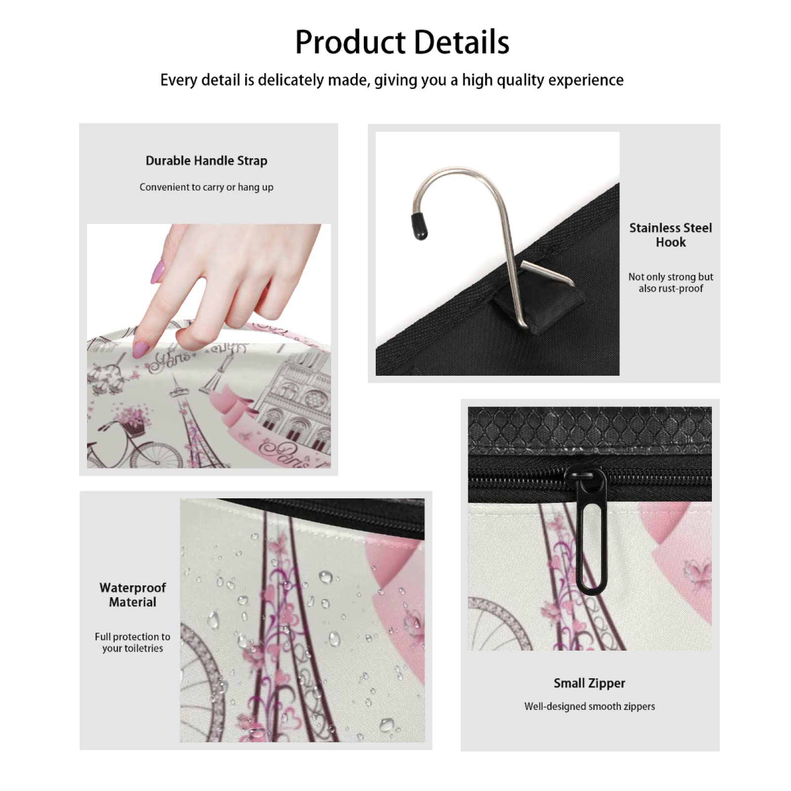 Paris Eiffel Tower Hanging Toiletry Bag for Women & Men - Floral Flower Cosmetic Makeup Organizer - Perfect for Travel, Gym, Camping & Weekend Getaways