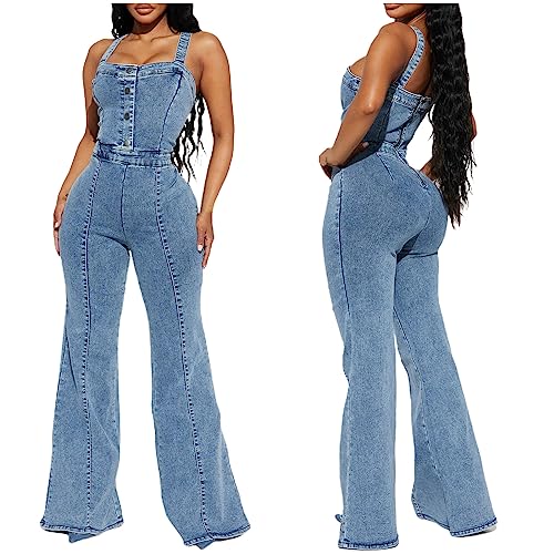 ESCBUKI Women's Flare Leg Denim Jumpsuit - Button Down Square Neck Wide Strap Romper for Tall Women | Casual Outfit for Date Night, Workwear & Street Style Fashion