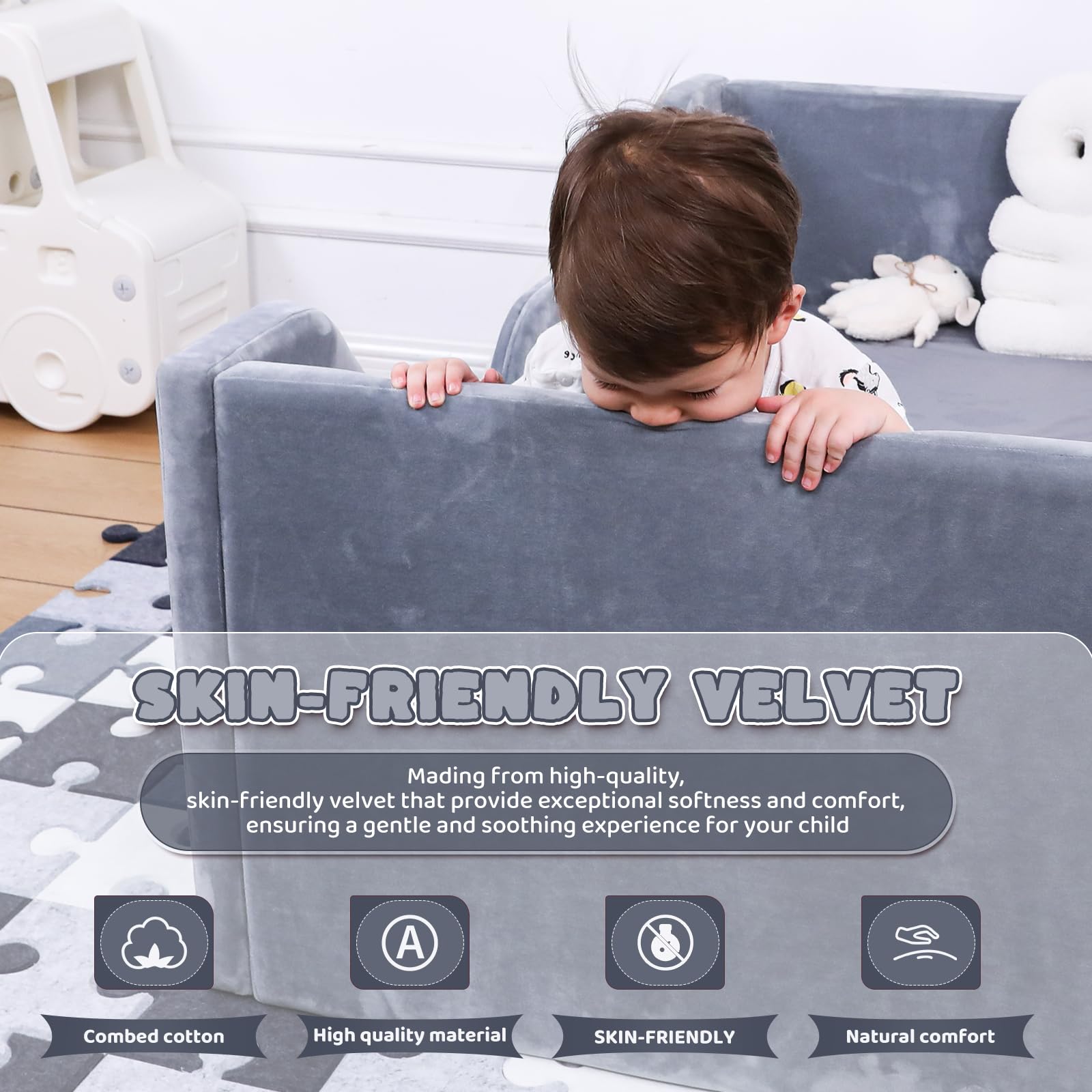 Round Toddler Bed with Safety Rail & Upholstered Headboard - Standard Crib Size Floor Bed for Kids 18 Months to 6 Years (Gray, No Mattress) | Safe Transition Bed for Montessori Room, Daycare or Nursery
