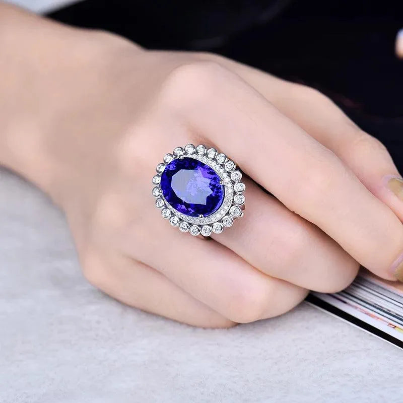 18K White Gold 14.86ct Genuine Tanzanite & Diamond Women's Ring - Dual Function Ring & Pendant Jewelry for Weddings, Anniversaries & Special Occasions