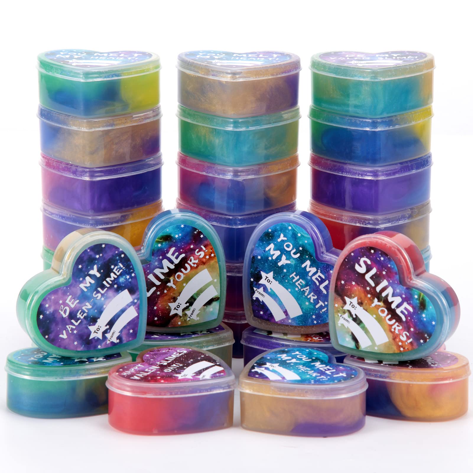 28-Pack Valentine's Day Galaxy Slime Hearts for Kids - Valentine's Party Favors with Greeting Cards - Perfect for Classroom Exchanges, Birthday Gifts & Sensory Play Activities