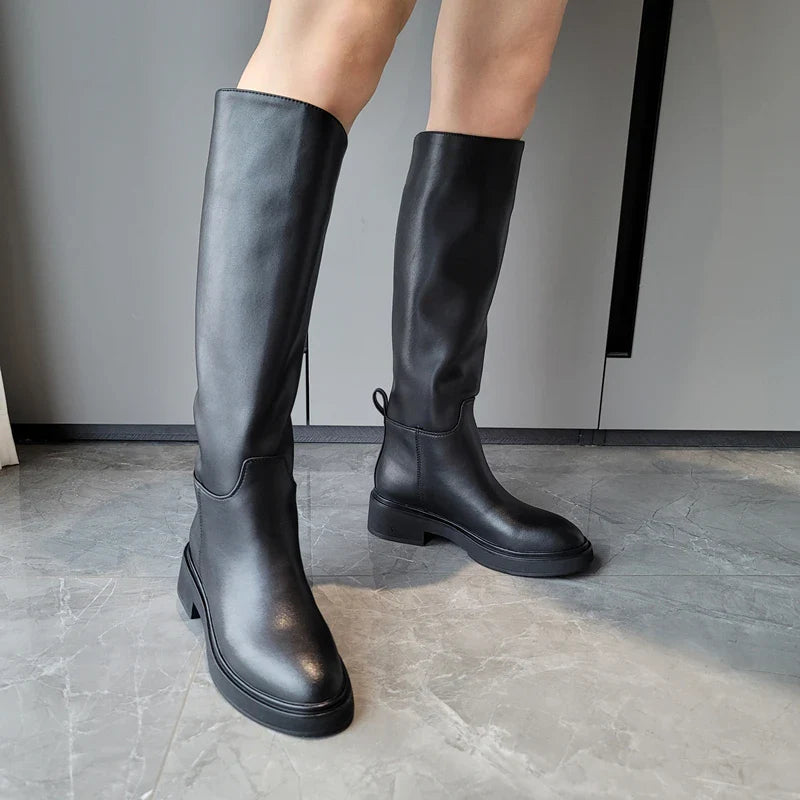 FEDONAS Women's Genuine Leather Knee High Boots with Thick Heel - Warm Winter Riding Boots for Autumn & Winter - Perfect for Motorcycle Riding, Office Wear & Cold Weather Fashion