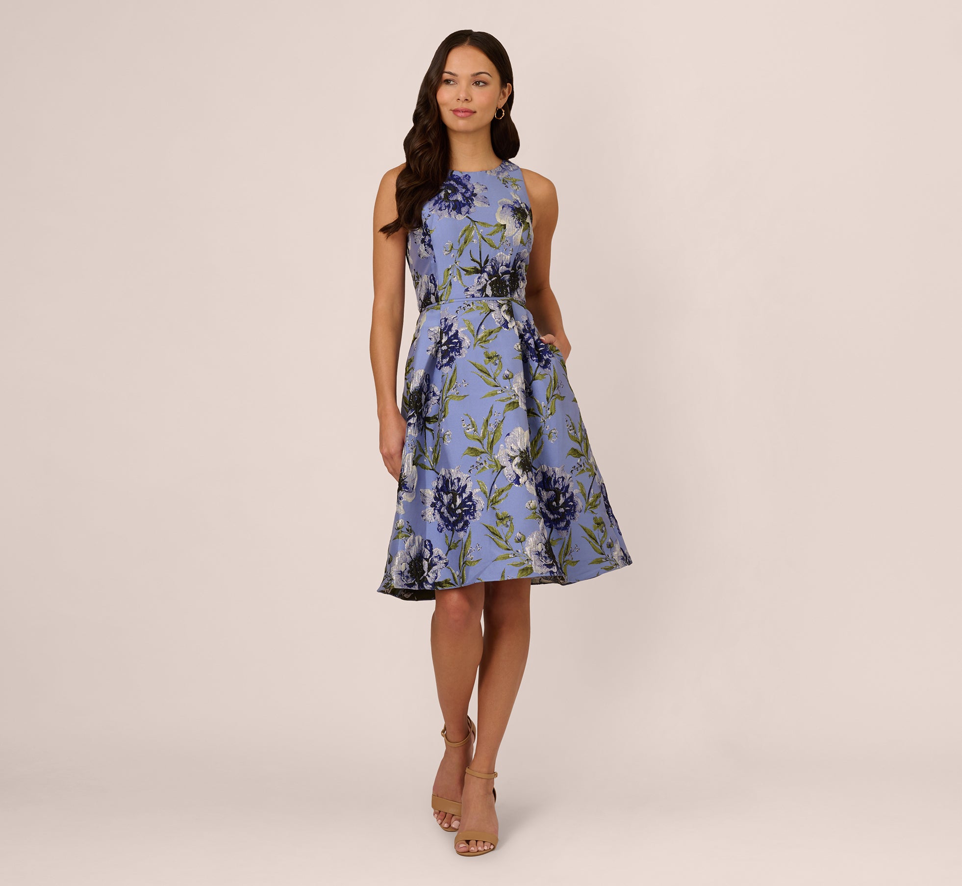 Blue Multi Sleeveless Jacquard Fit and Flare Midi Dress for Women - Perfect for Summer Parties, Weddings & Casual Outings