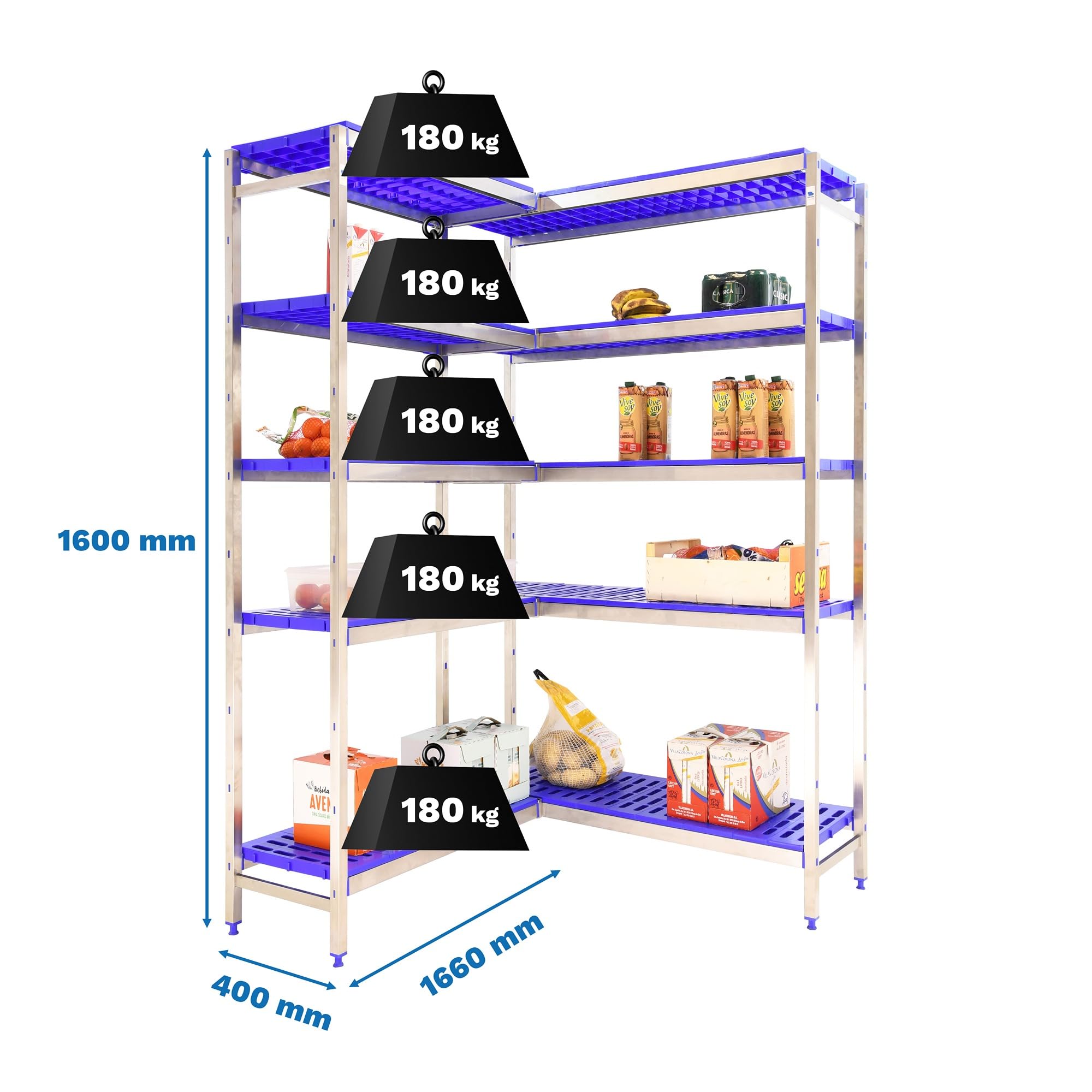 Stainless Steel Corner Shelf - Simoninox, 1600mm, 5 Shelves, 180kg Capacity for Kitchen & Industrial Use