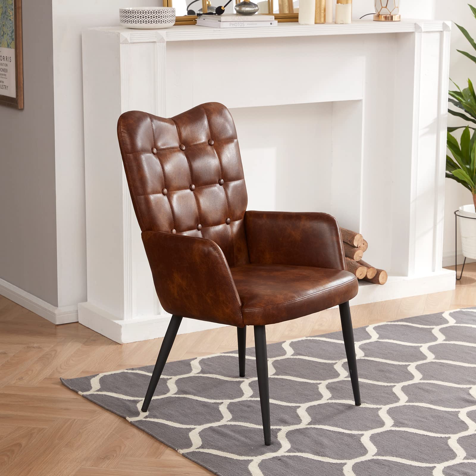 DUHOME Faux Leather Accent Chair - Modern Tufted Button Back Armchair with Upholstered Tall Back | Living Room, Bedroom & Office Reception Chair in Yellowish Brown | Perfect for Lounge, Reading Nook & Guest Seating