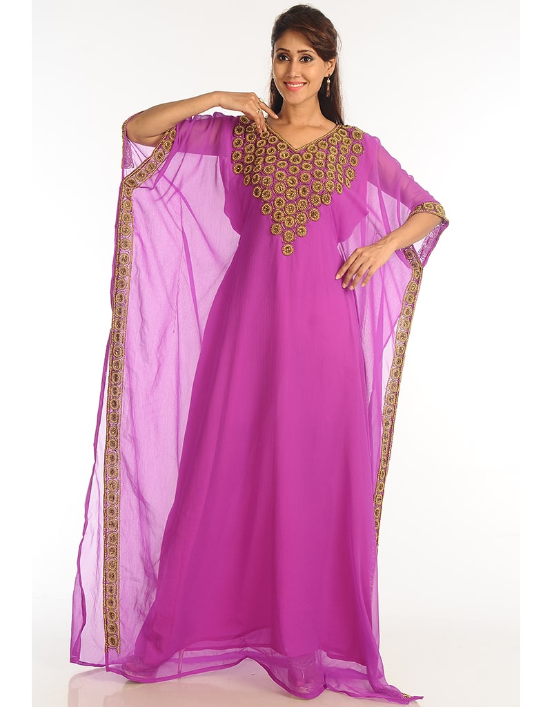 Exquisite Arabic Purple Georgette Farasha with Handcrafted Zari Embroidery - Perfect for Weddings, Parties & Special Occasions