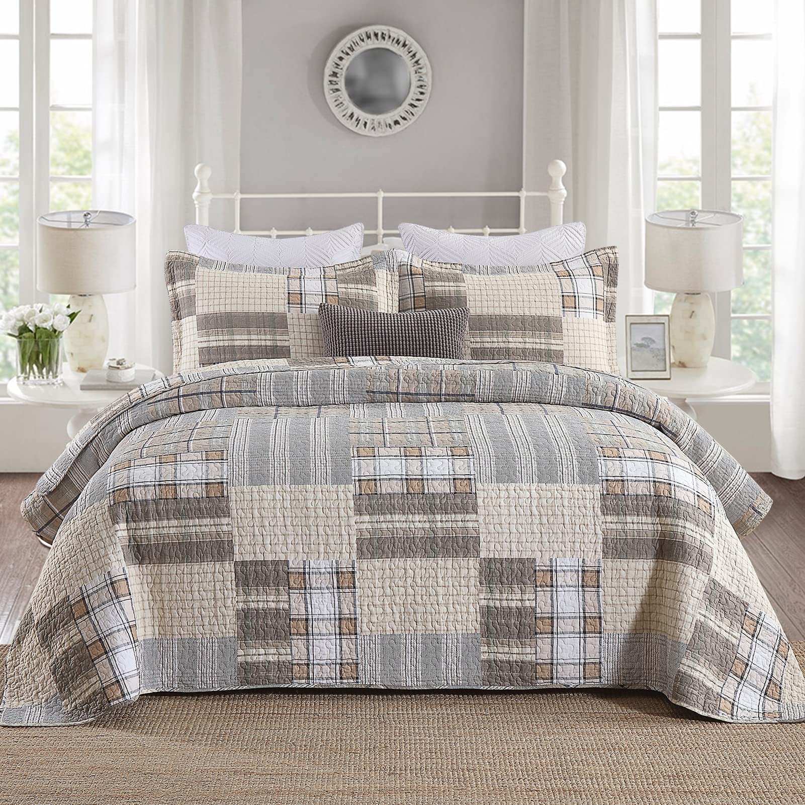 Queen Size Quilt Set - 100% Cotton Patchwork Bedspread, 3-Piece Plaid Farmhouse Reversible Lightweight Quilt for Queen Bed | Perfect for Cozy Bedroom Decor, Guest Room & Rustic Home Styling