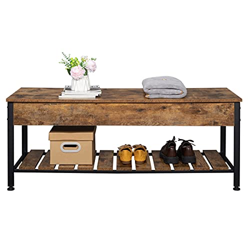 47.8 x 16.1 x 19 Inch Mid-Century Modern Shoe Storage Bench - Entryway Organizer with Rustic Brown Finish for Bedroom, Living Room & Hallway - Space Saving Shoe Rack Bench for Home Organization & Décor