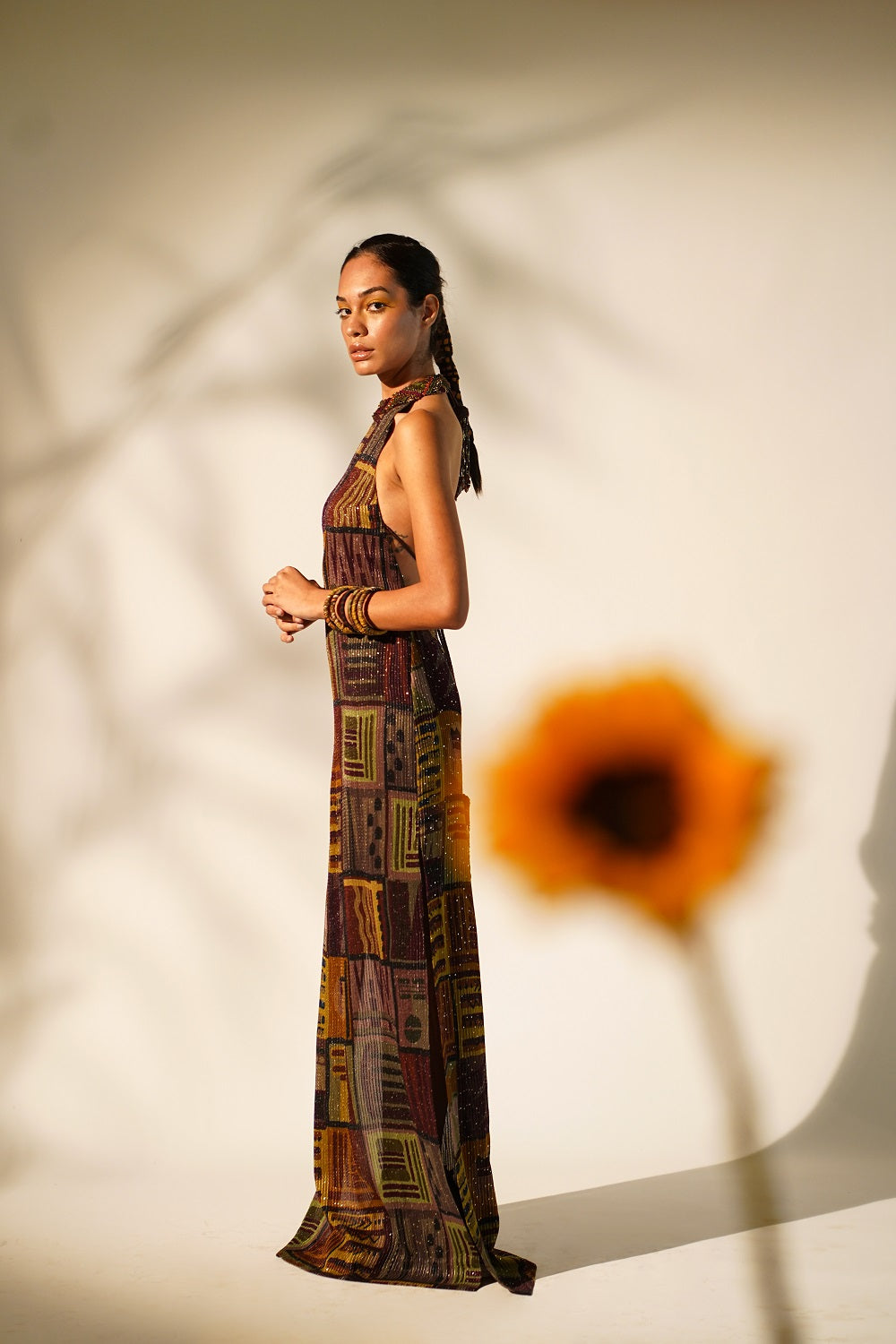 Stylish Multicolor Abstract Print Halter Neck Dress with Baroque Metallic Embellishments - Perfect for Cocktail Parties, Date Nights & Summer Vacations