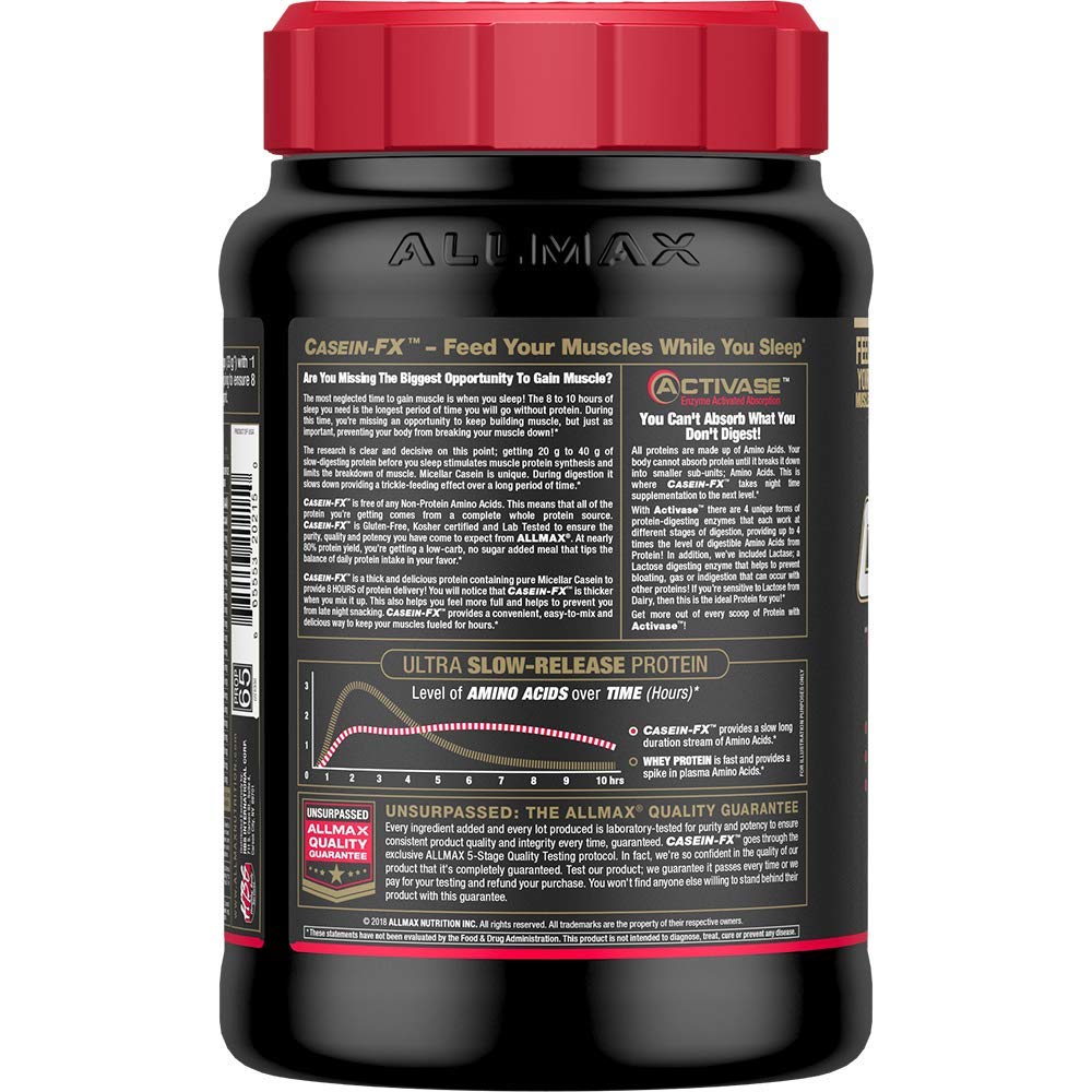 ALLMAX CASEIN-FX Protein Powder, Chocolate Flavor - 2 lb (25g Slow-Release Protein Per Scoop) - Low Carb, Zero Added Sugar - 27 Servings - Ideal for Nighttime Recovery & Muscle Growth