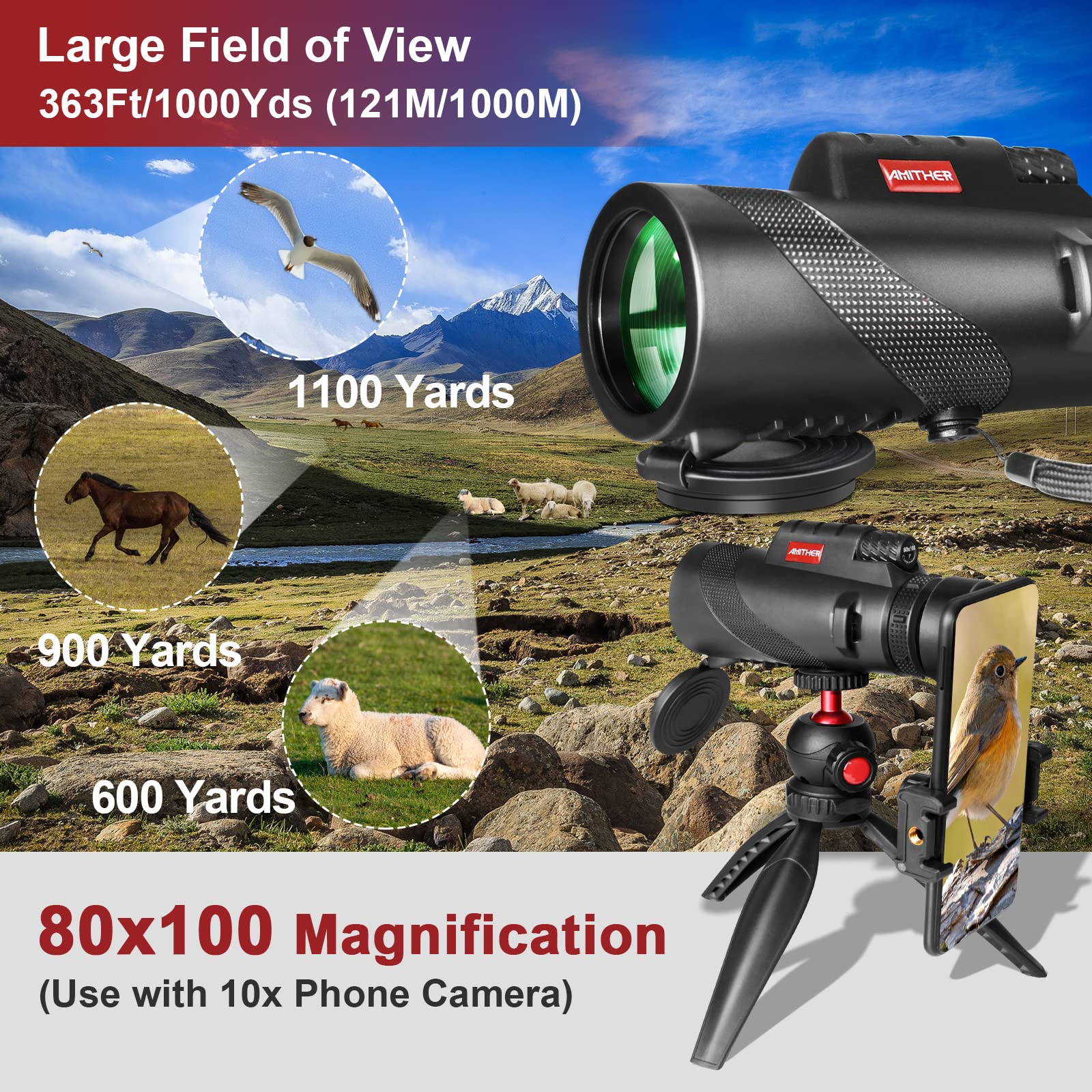 80x100 HD Monocular Telescope for Smartphones - High Power Zoom with Tripod & Phone Adapter - Low Light Vision for Adults - Perfect for Wildlife Watching, Birding, Hunting, Hiking & Outdoor Adventures