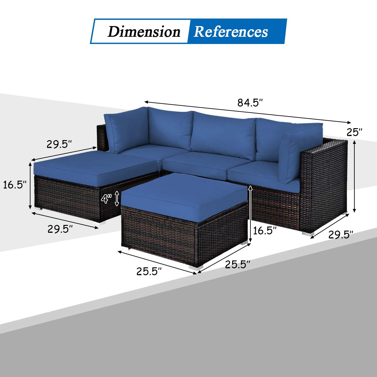 Tangkula 5-Piece Outdoor Patio Furniture Set - Wicker Rattan Sectional Sofa with Cushions & Coffee Table - Navy Blue Conversation Set for Backyard, Porch, Garden, Poolside & Deck - Perfect for Relaxing & Entertaining Outdoors