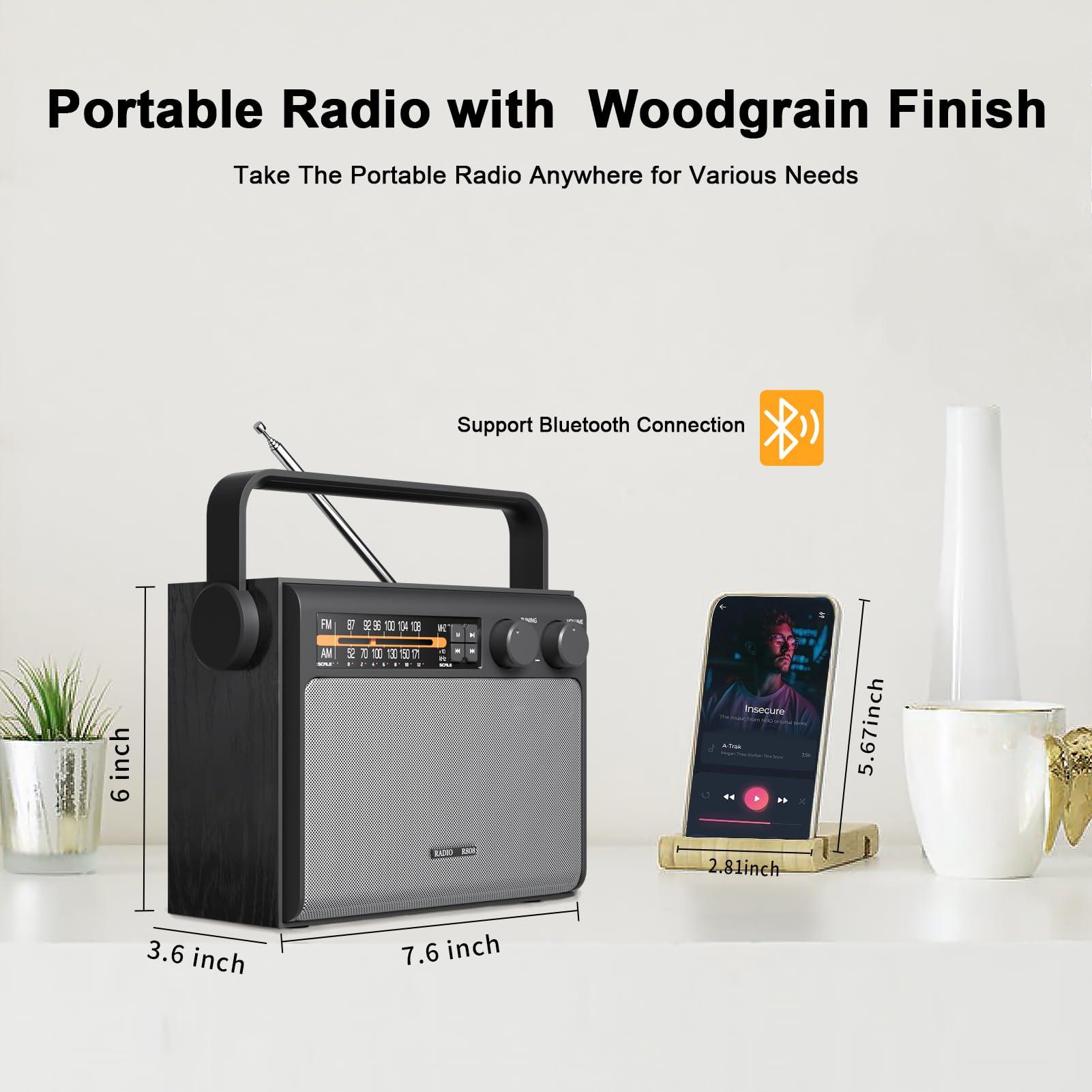 Portable AM FM Radio with Bluetooth - Best Reception, Battery or Wall Powered, Headphone Jack, USB, Aux Input, Big Speaker - Perfect for Home, Outdoor, Camping, Travel & Gifts