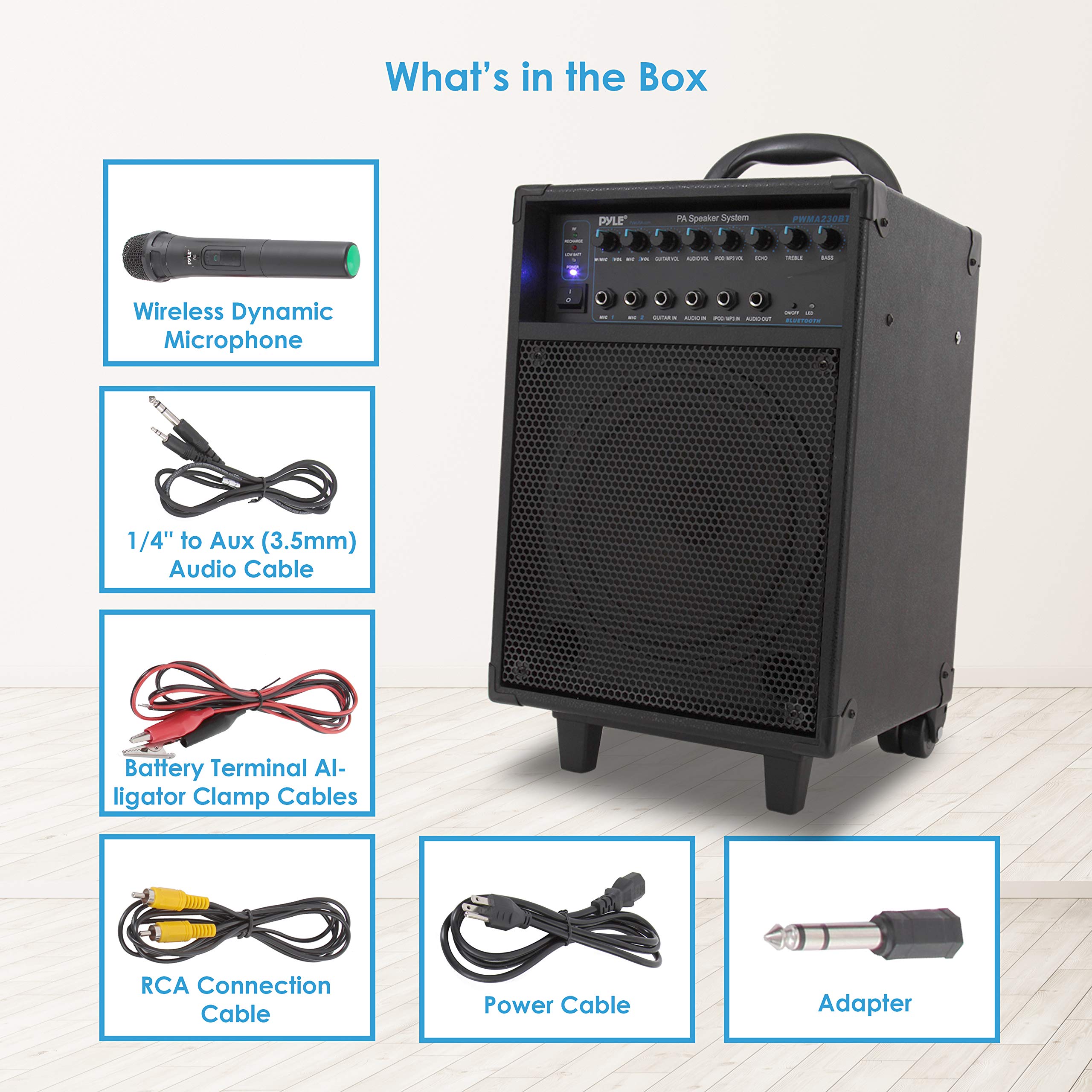 Pyle Wireless Portable PA System - 400W Bluetooth Speaker with Rechargeable Battery, Microphone, Wheels & Handle - 1/4