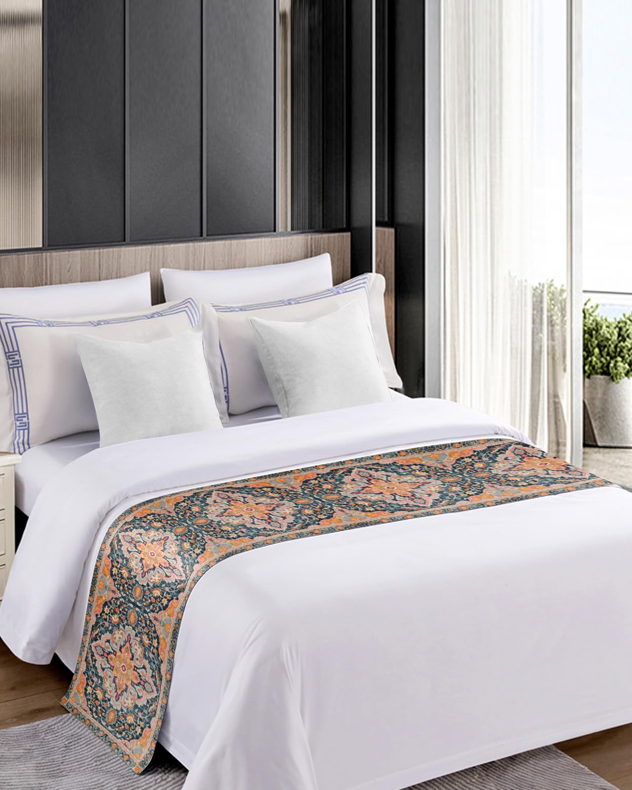 King Size Bed Runner - Pink, Orange & Blue Geometric Throw Scarf for Foot of Bed | Luxury Ethnic Mid-Century Design Bedding Protector (94