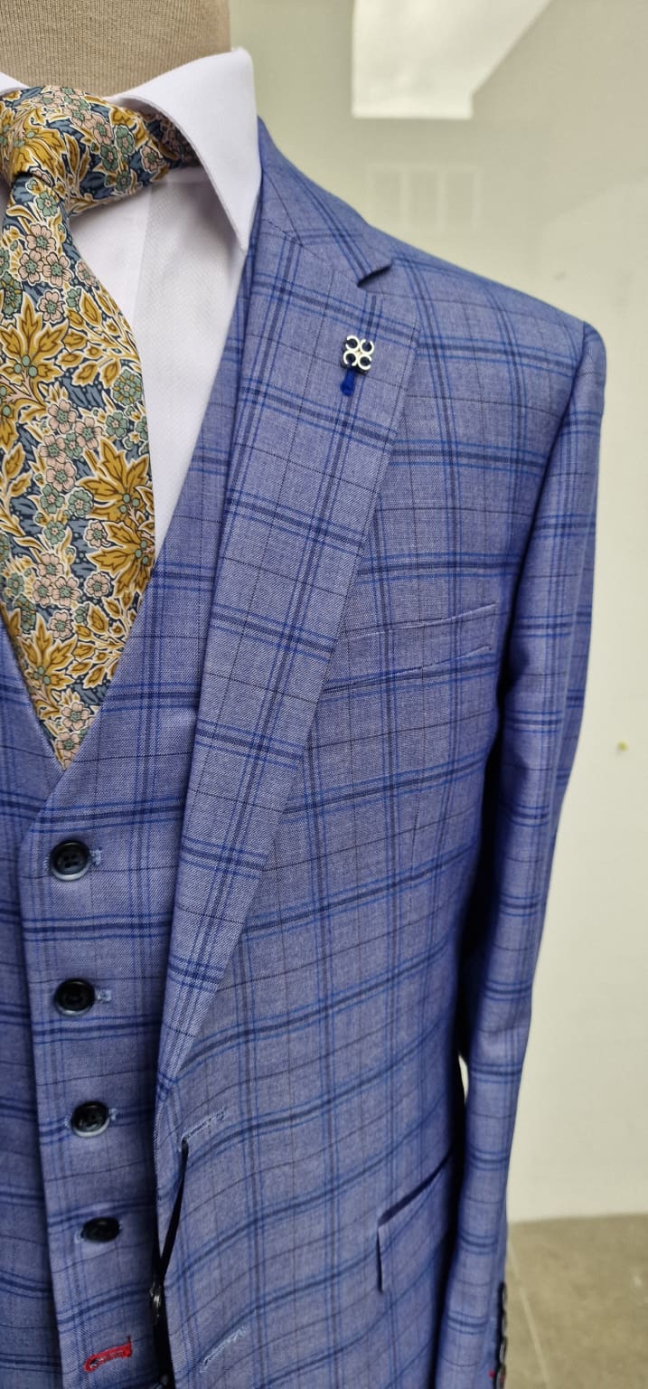 Cavani Tamara Blue Check Tailored Fit 3 Piece Suit for Men - Size 36R Jacket with 32R Trousers - Premium Business Formal Wear for Office, Weddings & Special Occasions