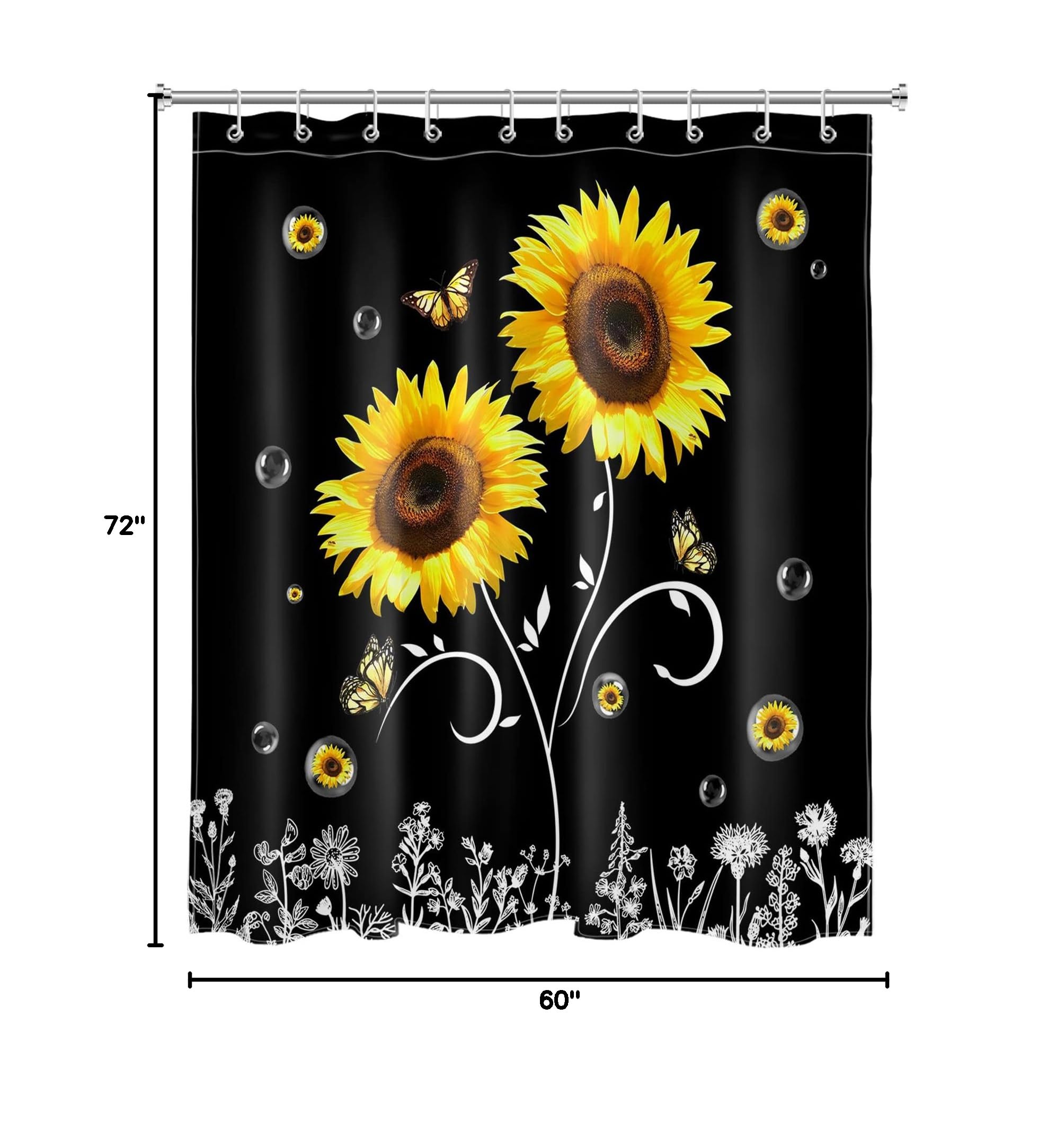 HVEST Sunflower Shower Curtain - Yellow Butterfly Floral Bathroom Decor with Hooks, 60x72 Inch Boho Botanical Polyester Fabric Bath Curtain for Spa-Like Shower Experience | Waterproof & Easy to Clean