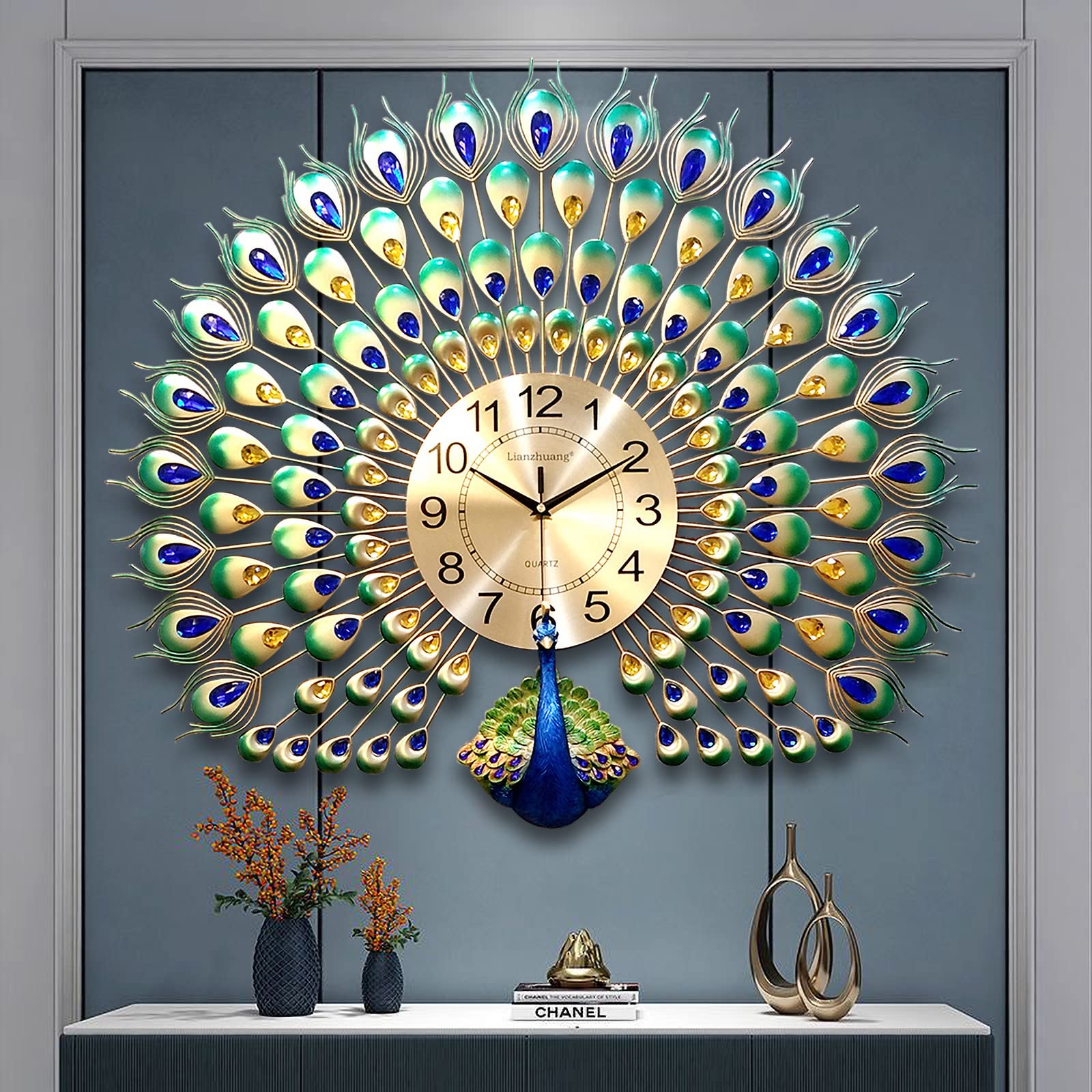 31inch Large Peacock Wall Clock - Silent Non-Ticking Crystal Modern Art Decor for Living Room, Bedroom & Office | Elegant Home Decoration Gift Idea