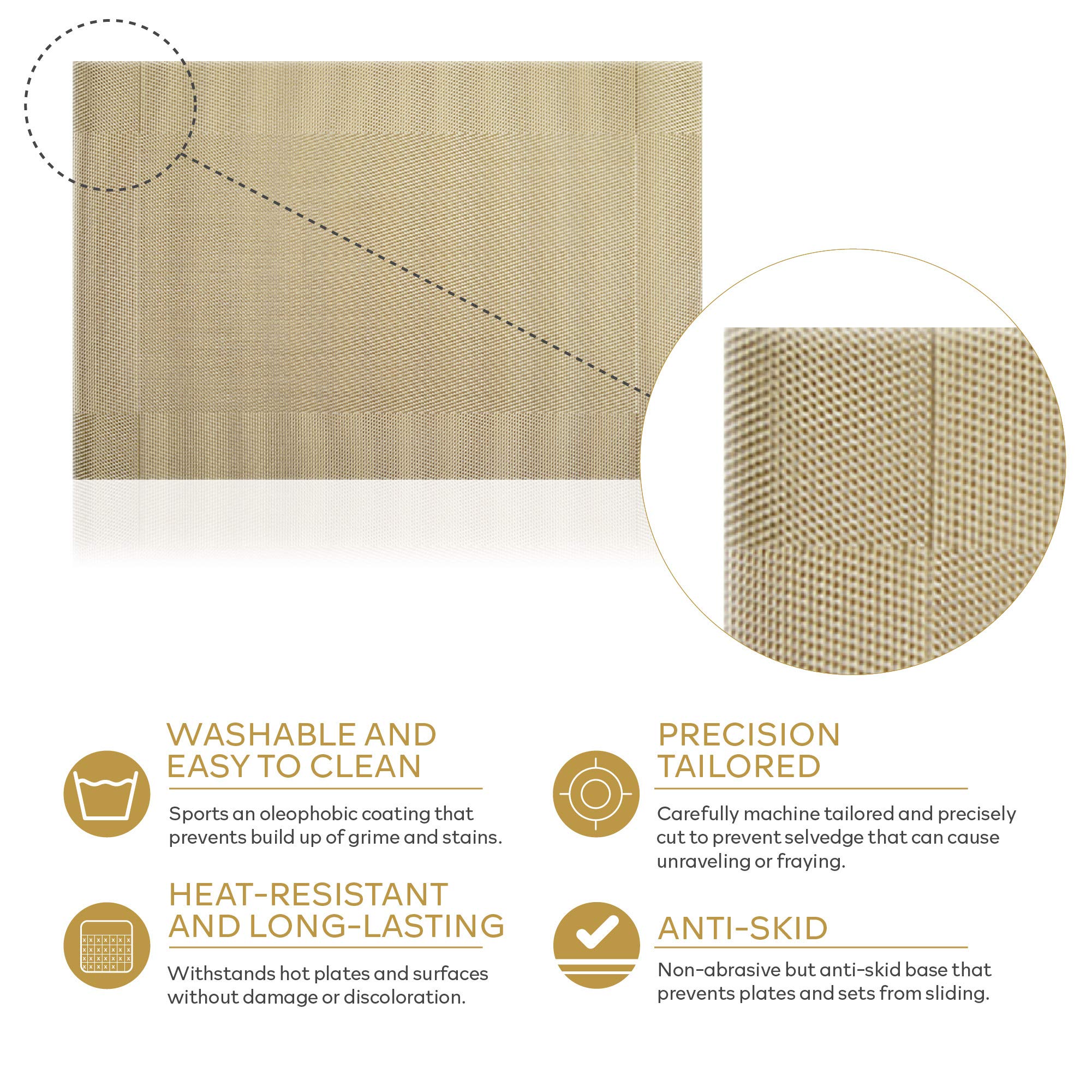 Premium Gold Placemats Set of 6 - 18x12 Inch Heat Resistant Table Mats for Kitchen & Dining | Non-Slip Woven Vinyl Placemats - Waterproof, Washable & Easy Clean | Perfect for Everyday Meals, Dinner Parties & Holiday Gatherings