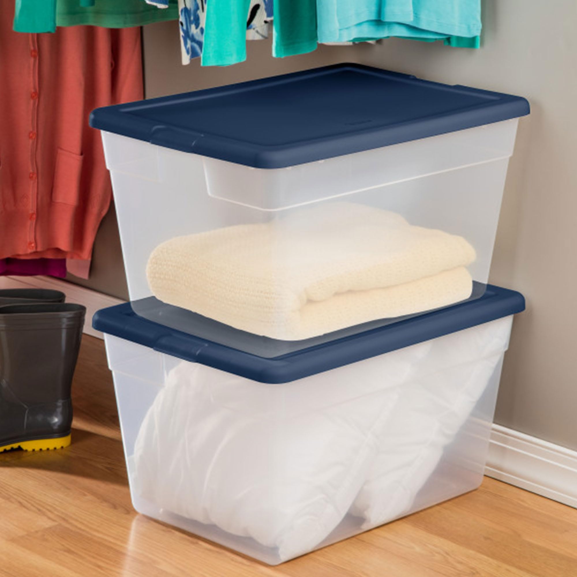 Sterilite 24-Pack Clear Plastic Storage Bins with Lids - Stackable Organizer Containers for Home, Office & Garage Organization - Marine Blue Totes for Clothes, Toys & Seasonal Storage