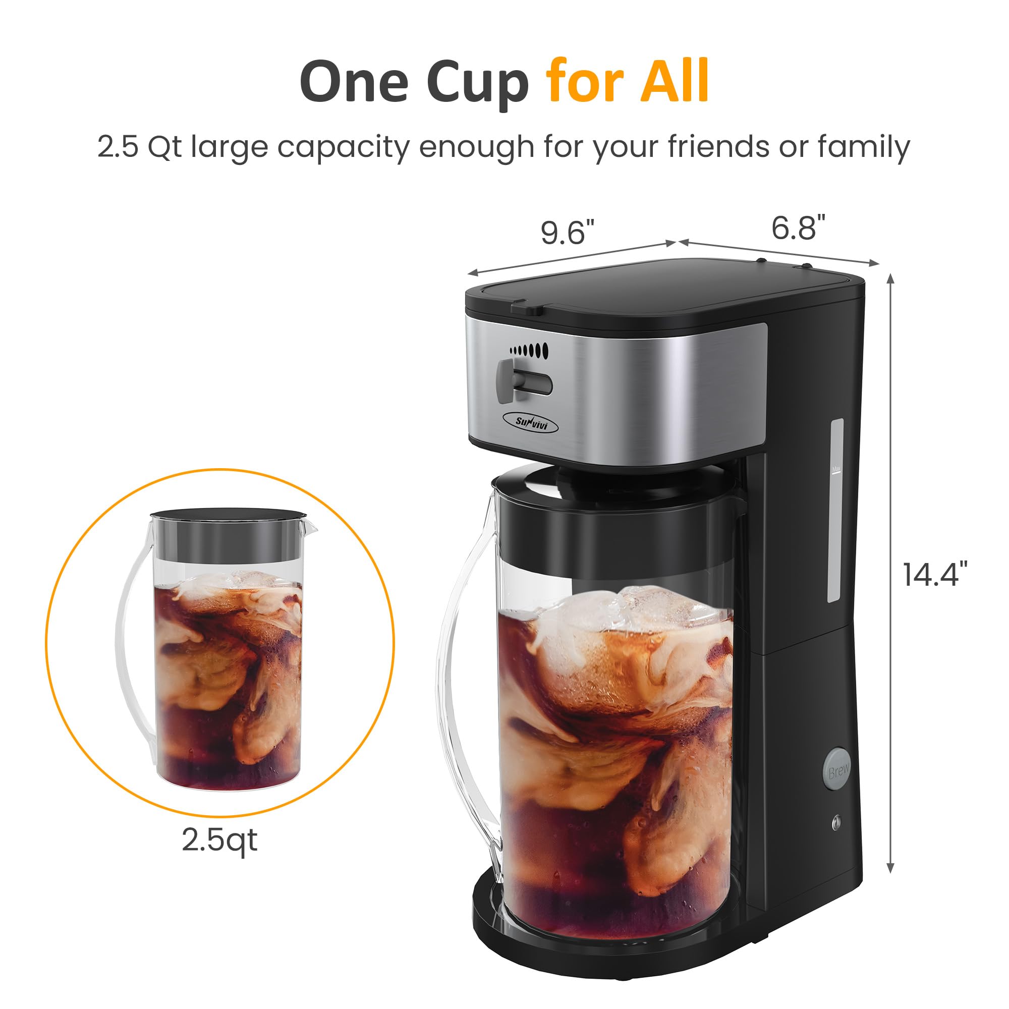 Sunvivi 3-Quart Iced Tea & Coffee Maker - Brews Ground Coffee, Tea Bags & Loose Leaf Tea with Strength Control - 7-Cup Capacity Home Coffee Machine (Black) - Perfect for Summer Drinks, Entertaining & Kitchen Use