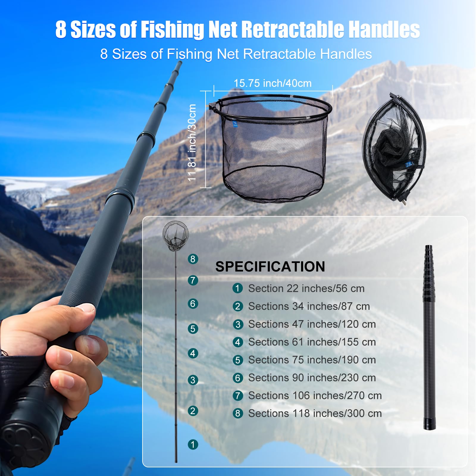 Premium Carbon Fiber Fishing Landing Net - 11.15ft Long Handle, Portable & Durable with Replaceable Net - Ideal Gift for Anglers - Perfect for Freshwater, Saltwater & Fly Fishing Adventures