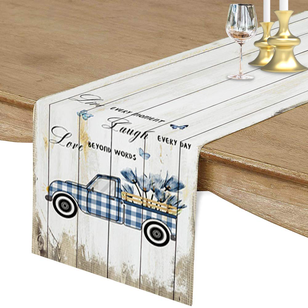 72 Inch Farmhouse Tulip & Blue Butterfly Table Runner - Rustic Wooden Plank Design for Round, Kitchen, Coffee, Dining & End Tables - Perfect for Farmhouse, Cottage & Country Home Decor