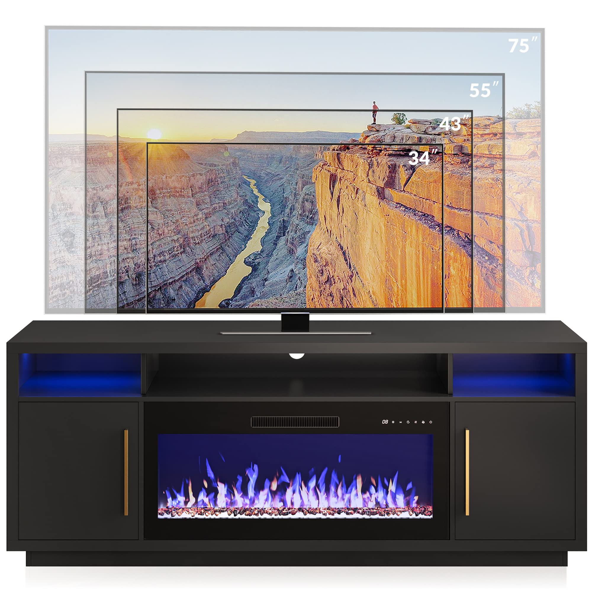 BELLEZE 70 Inch Fireplace TV Stand for 80 Inch TVs, LED Light Entertainment Center with 36 Inch Electric Fireplace Heater, Storage Cabinet, Media Console Table for Living Room - Avenue (Black) | Perfect for Home Theater Setup & Cozy Winter Nights