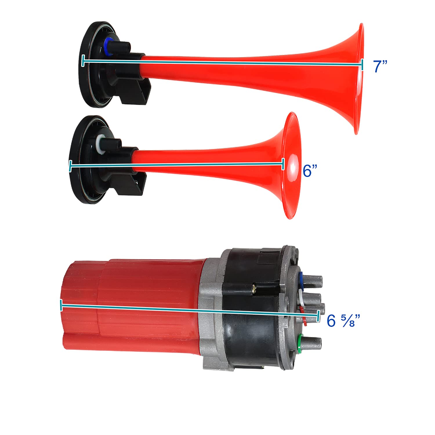 Spec-D Tuning 5-Piece 125dB Red Musical Trumpet Dixie Horn Kit with Air Compressor & Hose - La Cucaracha Sound for Cars, Trucks & Party Celebrations
