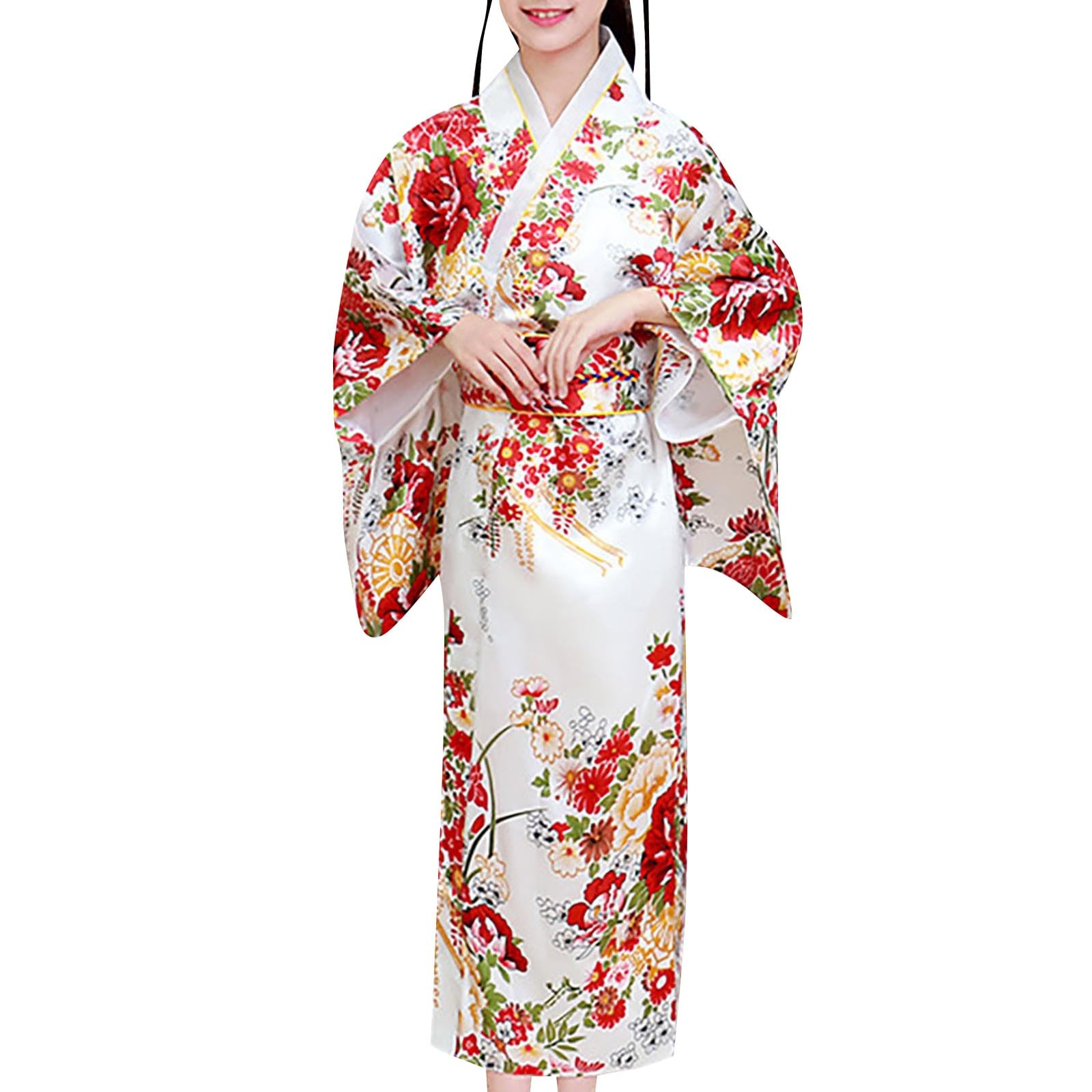Japanese Traditional Long Sleeve Kimono Robe for Toddler Girls (White, Age 9-10) - Elegant Kids Kimono Dress for Tea Ceremonies, Cultural Events & Special Occasions