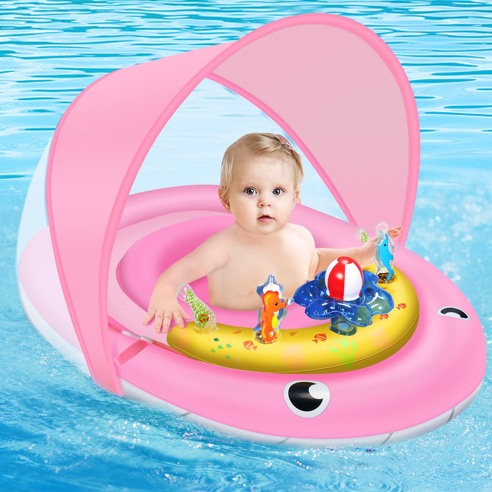 UPF50+ Baby Pool Float with Canopy - Inflatable Infant Swimming Ring for 6-24 Months | Adjustable Safety Seat Bath Floatie & Toy Play Console | Perfect for Backyard Pools, Beach Trips & Bathtime Fun