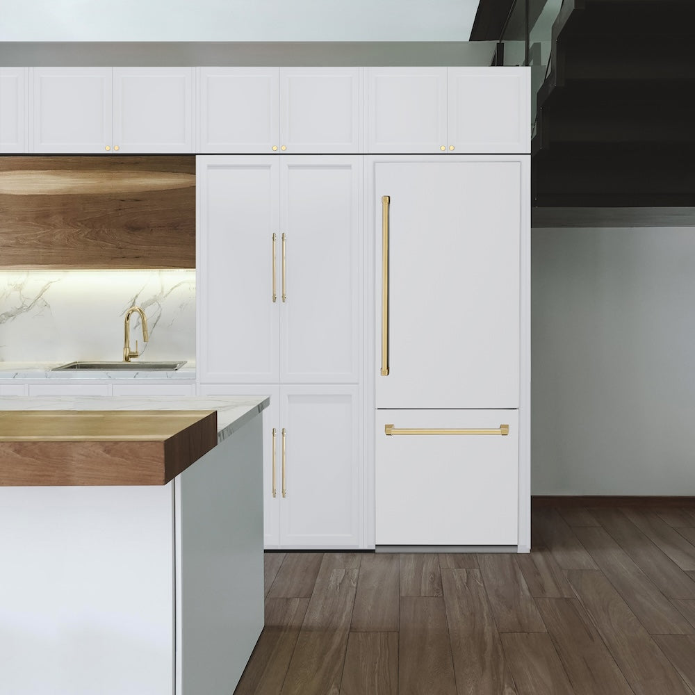 ZLINE Autograph Edition 30-inch Built-In Bottom Freezer Refrigerator - 16.1 cu.ft Capacity, Water Dispenser & Ice Maker - White Matte Finish with Polished Gold Accents (RBIVZ WM 30 G) | Perfect for Modern Kitchens & Open-Concept Homes