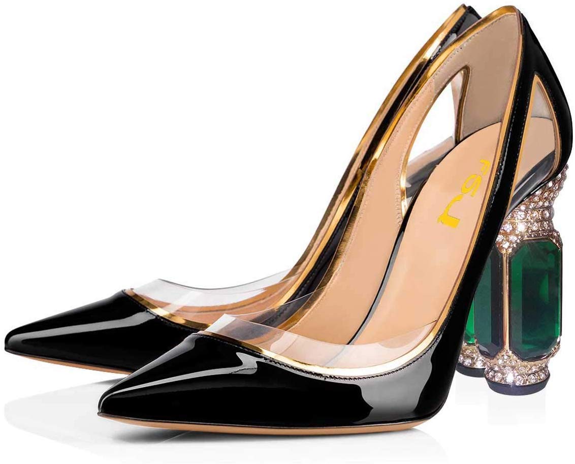 FSJ Women's Crystal Embellished Chunky Block Heel Wedding Shoes - Pointed Toe Slip-On Pumps for Brides, Evening Dresses & Special Occasions (US Size 4-15) | Comfortable Thick Heels for Weddings, Proms & Formal Events