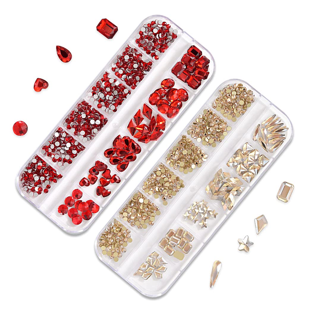 WOKOTO Rhinestones Set for Acrylic Nails - Champagne & Red Crystals with Tweezers for Women & Girls - Perfect for Nail Art & DIY