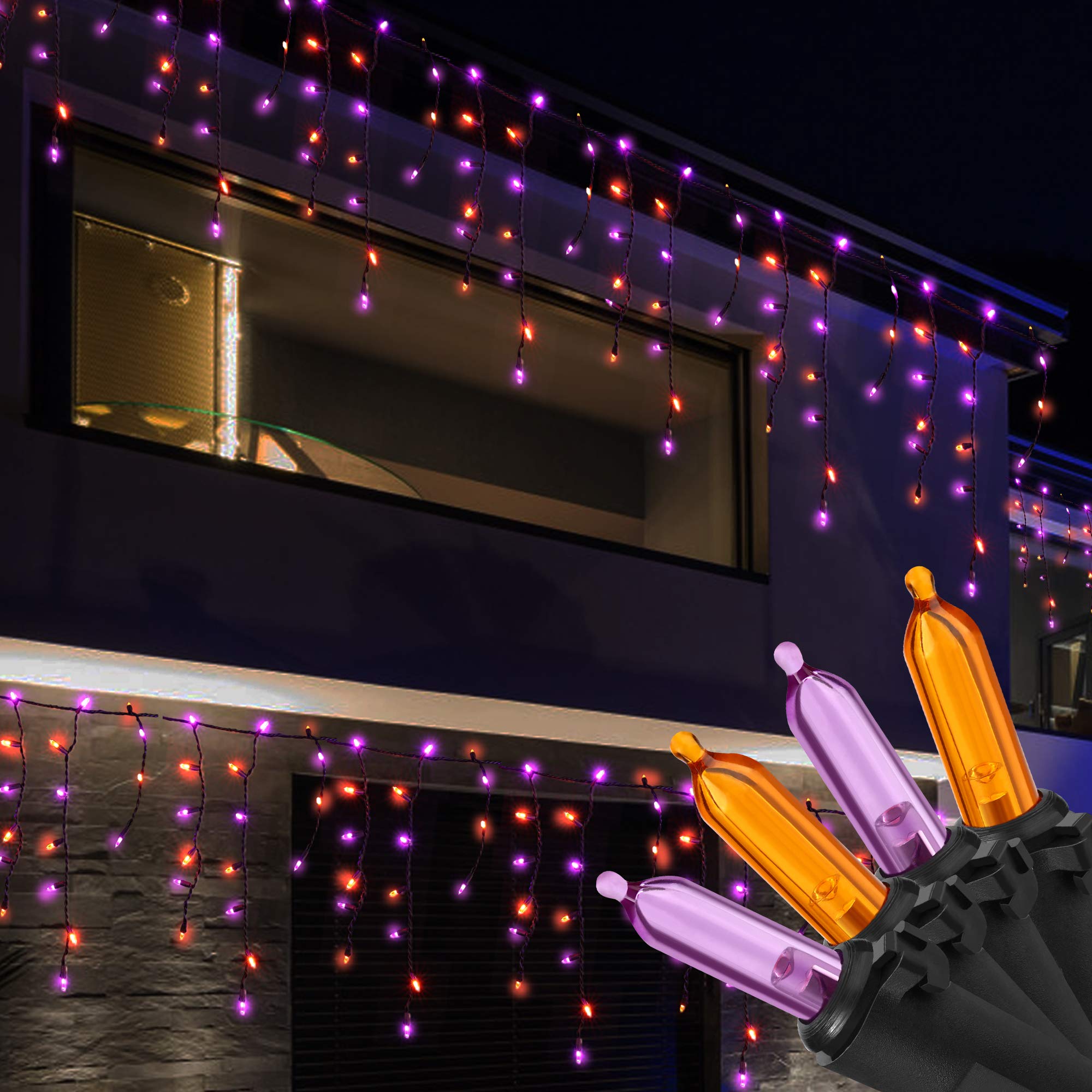 HAYATA 100 LED Halloween Icicle Lights with Timer - 7.7ft Purple & Orange Curtain String Lights, Extendable 8 Modes for Outdoor Garden, House, Window Decor - Perfect for Halloween Party, Christmas, Wedding & Indoor/Outdoor Lighting Decorations