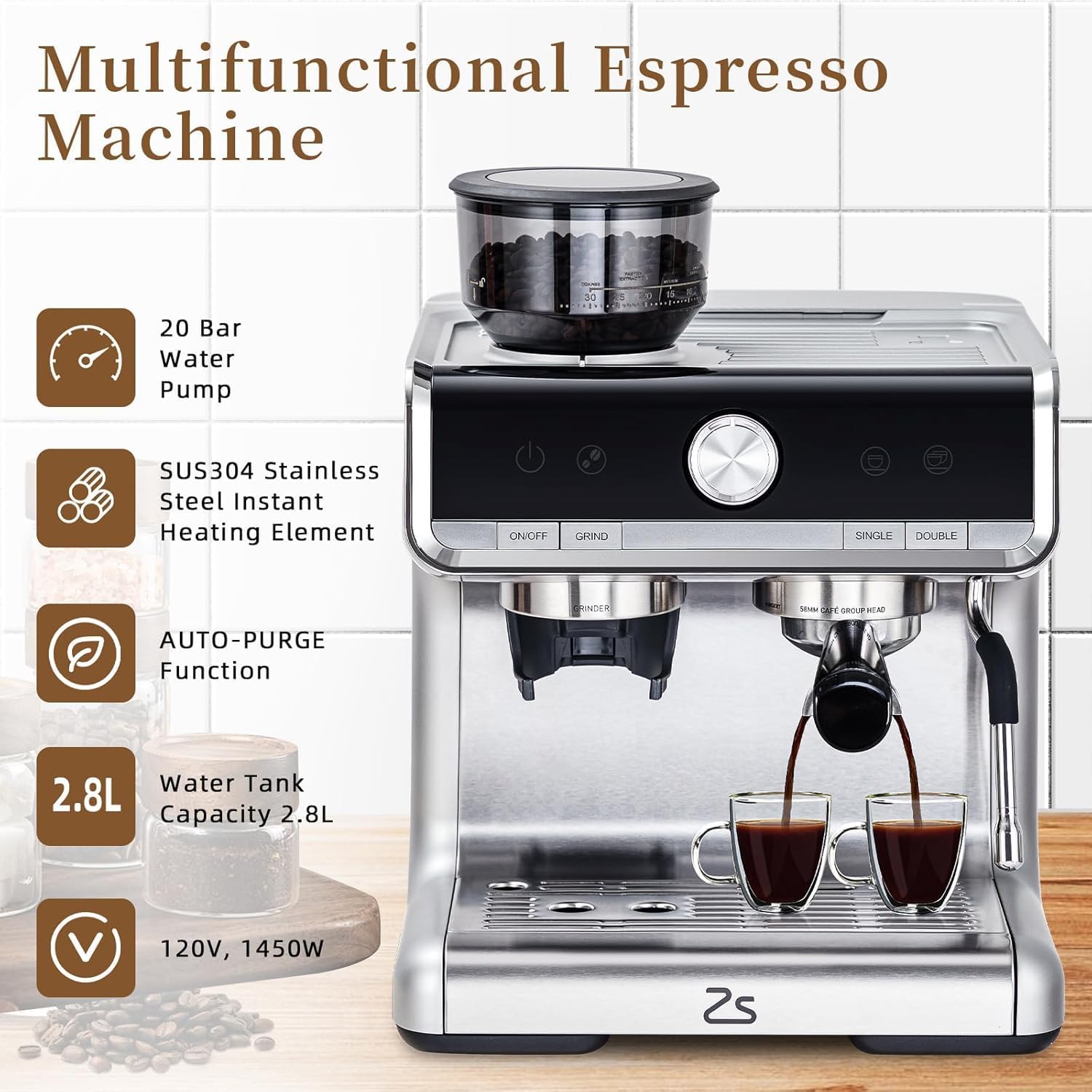Premium Espresso Machine with Built-in Grinder & Milk Frother - 2.8L Water Tank for Cappuccino, Latte & Macchiato - Stainless Steel Coffee Maker for Home & Office Use