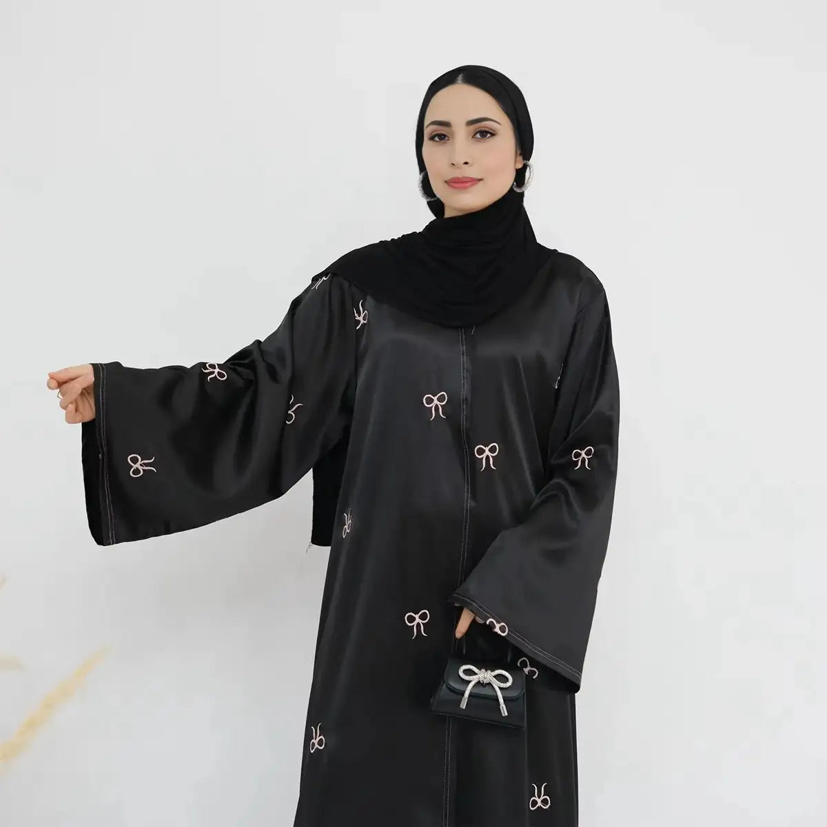 Elegant Open Abaya Dress with Bow Embroidery - Satin Cardigan for Women in Gray, Coffee & Black | Perfect for Prayer, Modest Fashion & Special Occasions
