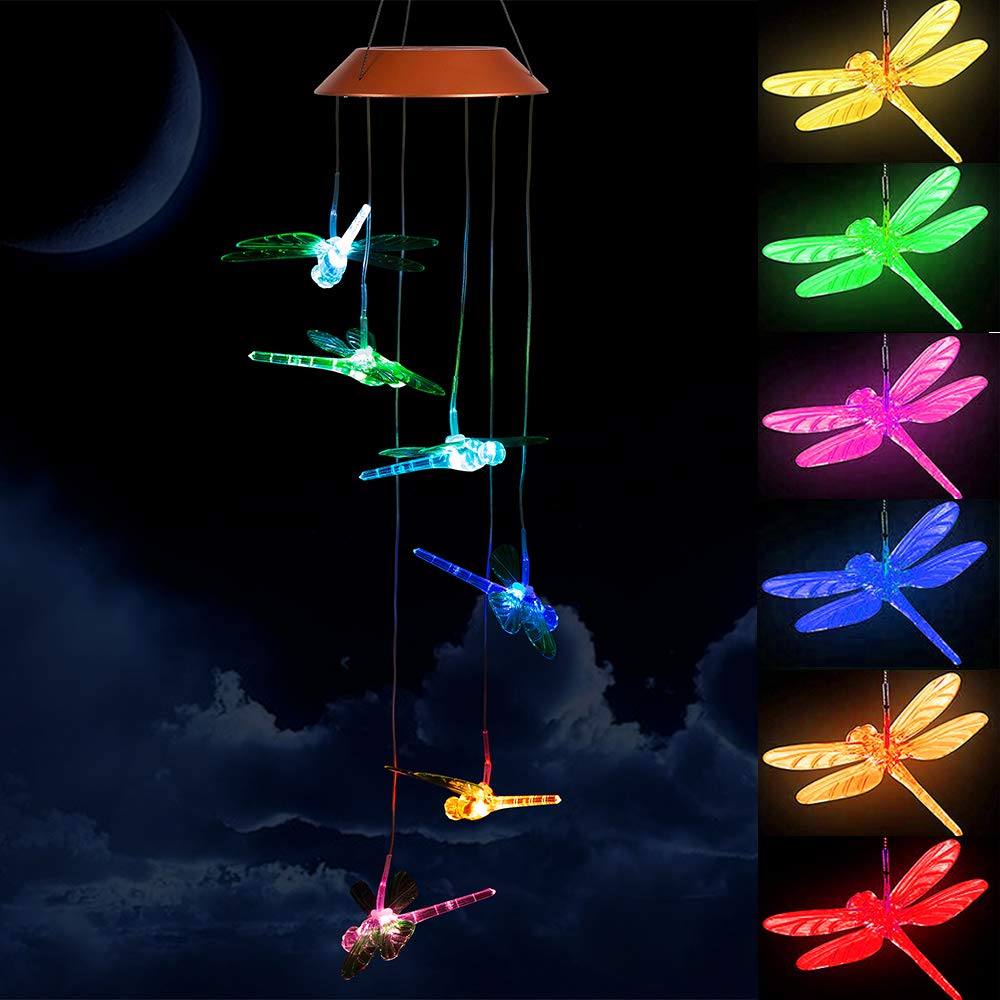 Solar Powered LED Color Changing Dragonfly Wind Chimes - Outdoor Waterproof Hanging Decor with Light Sensor for Garden, Patio, Yard | Perfect for Nighttime Ambiance, Parties, Festivals & Romantic Outdoor Lighting