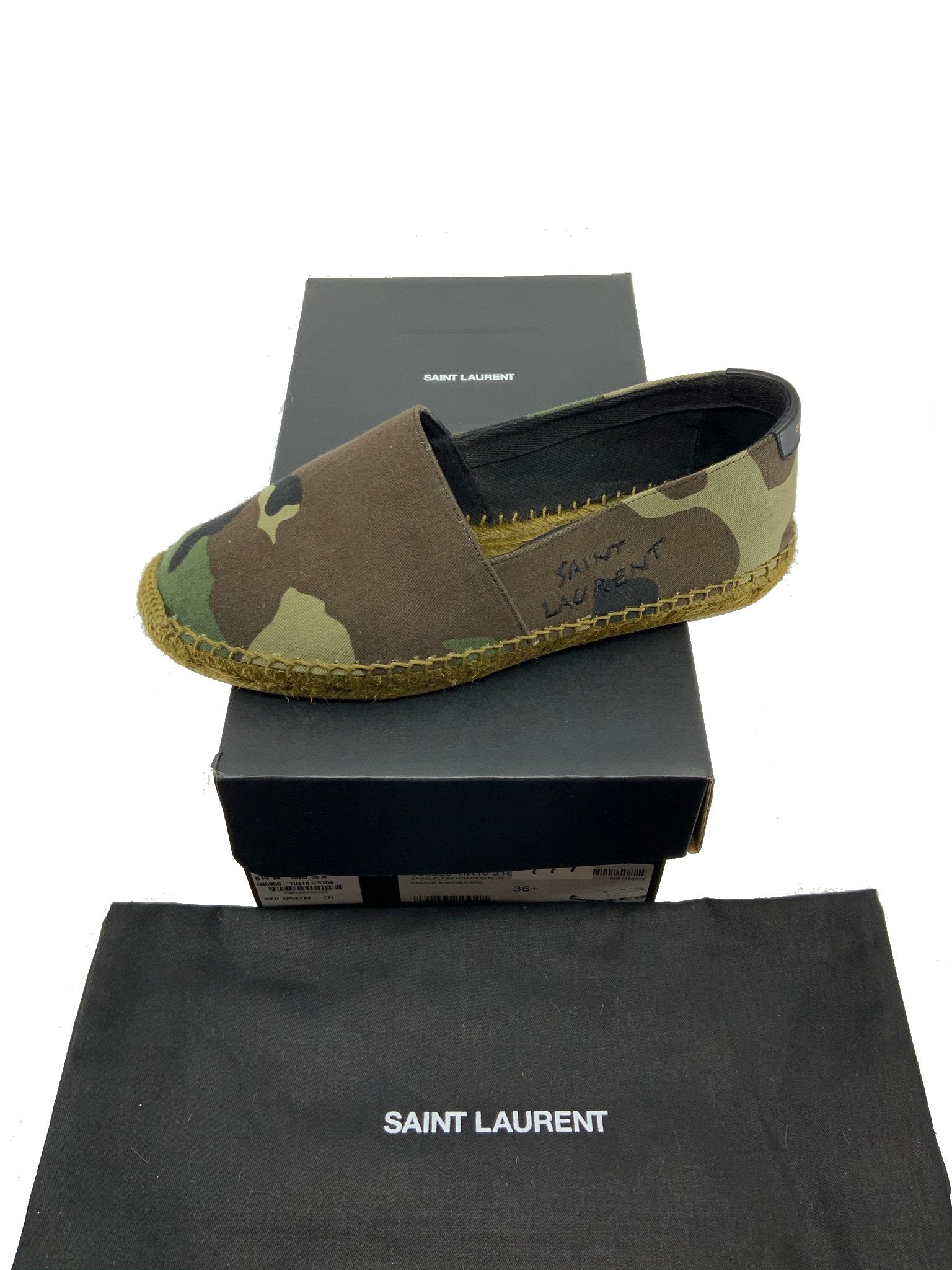 Saint Laurent Signature Camo Canvas Espadrilles Women's Size 6 - Stylish Designer Slip-On Shoes for Casual Outings & Summer Fashion