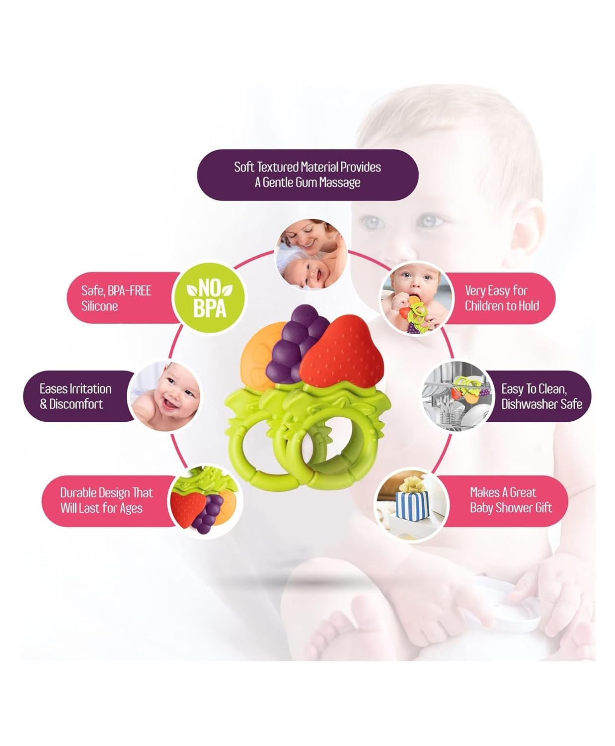 Kritiu BPA-Free Silicone Baby Teething Toys - Soft Fruit Teether & Gum Massager Set for Infants 0-12 Months (Yellow & Peach) | Perfect for Soothing Sore Gums & Early Teeth Development | Ideal Gift for New Parents & Baby Showers