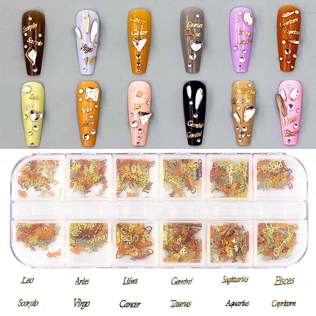 2 Boxes 1200pcs Zodiac Nail Art Charms - Twelve Constellation Gold Nail Stickers & Sequins for Nail Art Decoration | Perfect for DIY Manicures, Salon Nail Designs, and Zodiac-Themed Nail Art
