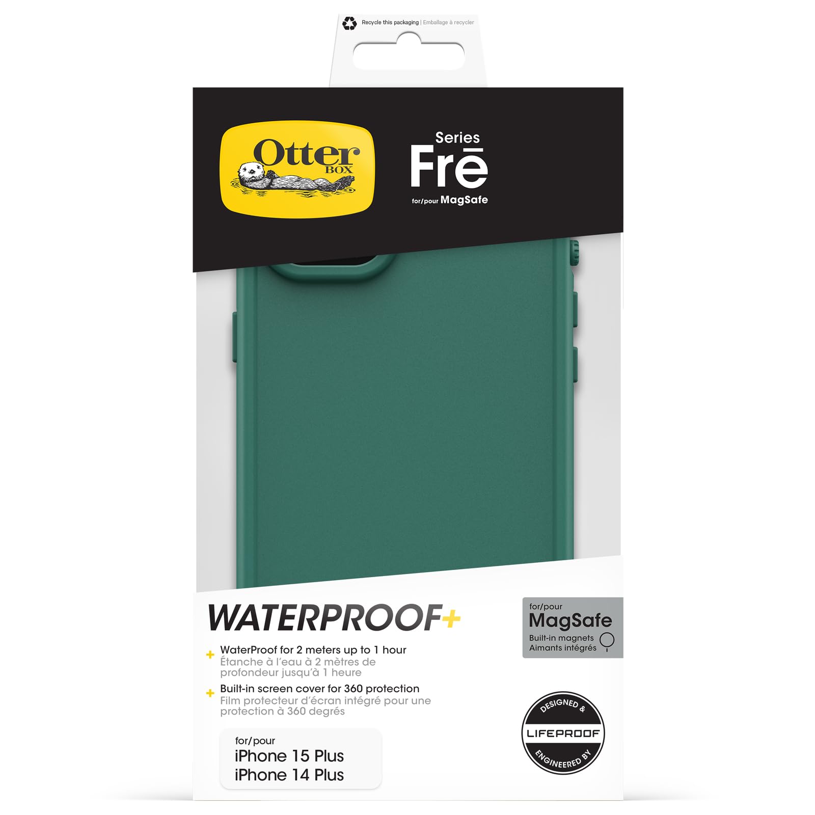 OtterBox iPhone 15 Plus & iPhone 14 Plus FRĒ Series Waterproof Case with MagSafe - Pine Green | Eco-Friendly 60% Recycled Plastic | Slim Protective Cover for Swimming, Hiking & Outdoor Activities (Designed by LifeProof)