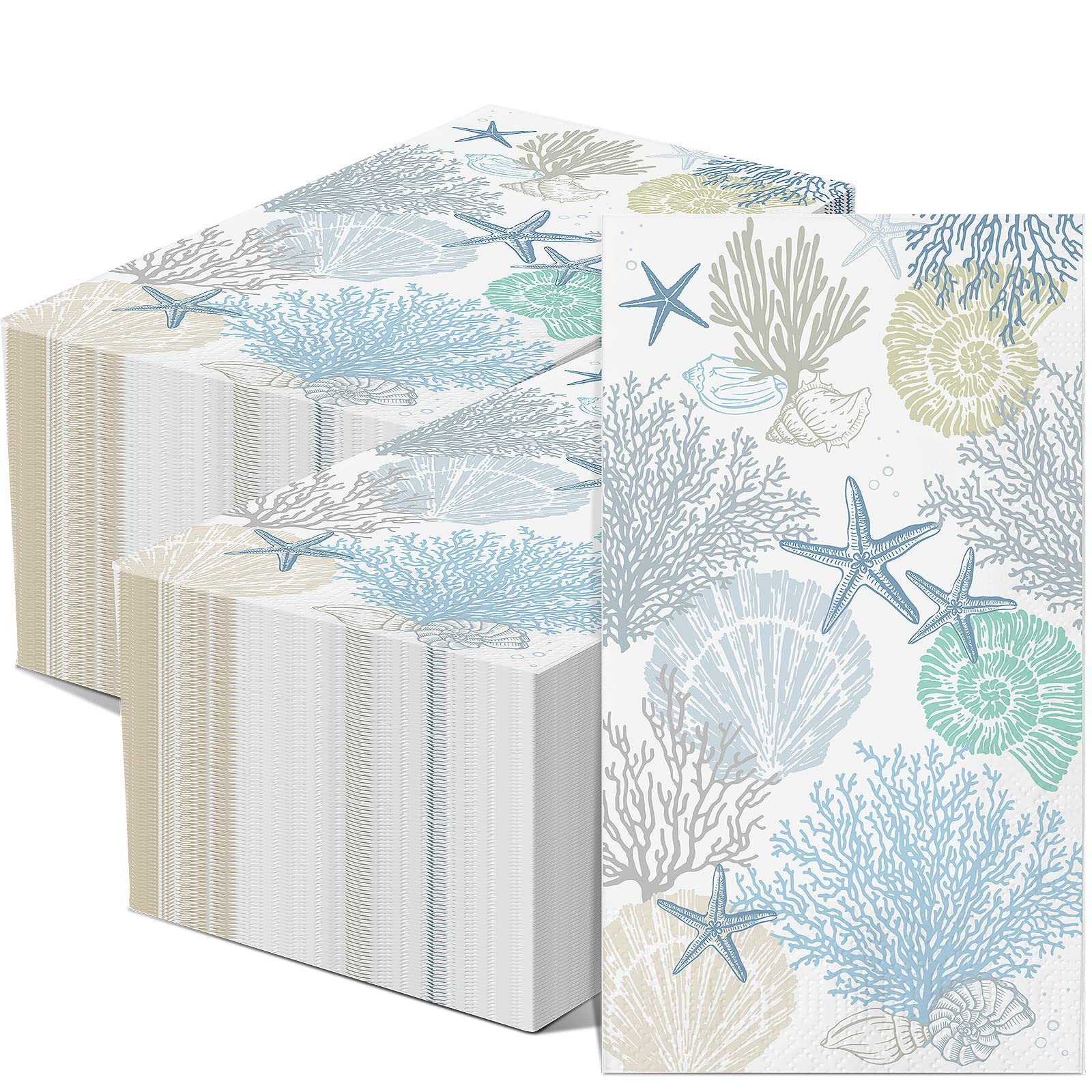 Funrous 200-Pack 3-Ply Seashell Napkins Bulk - Summer Ocean Beach Themed Paper Guest Towels, 7.9 x 4.3 Inches (Coral) - Perfect for Coastal Weddings, Nautical Parties & Bathroom Decor