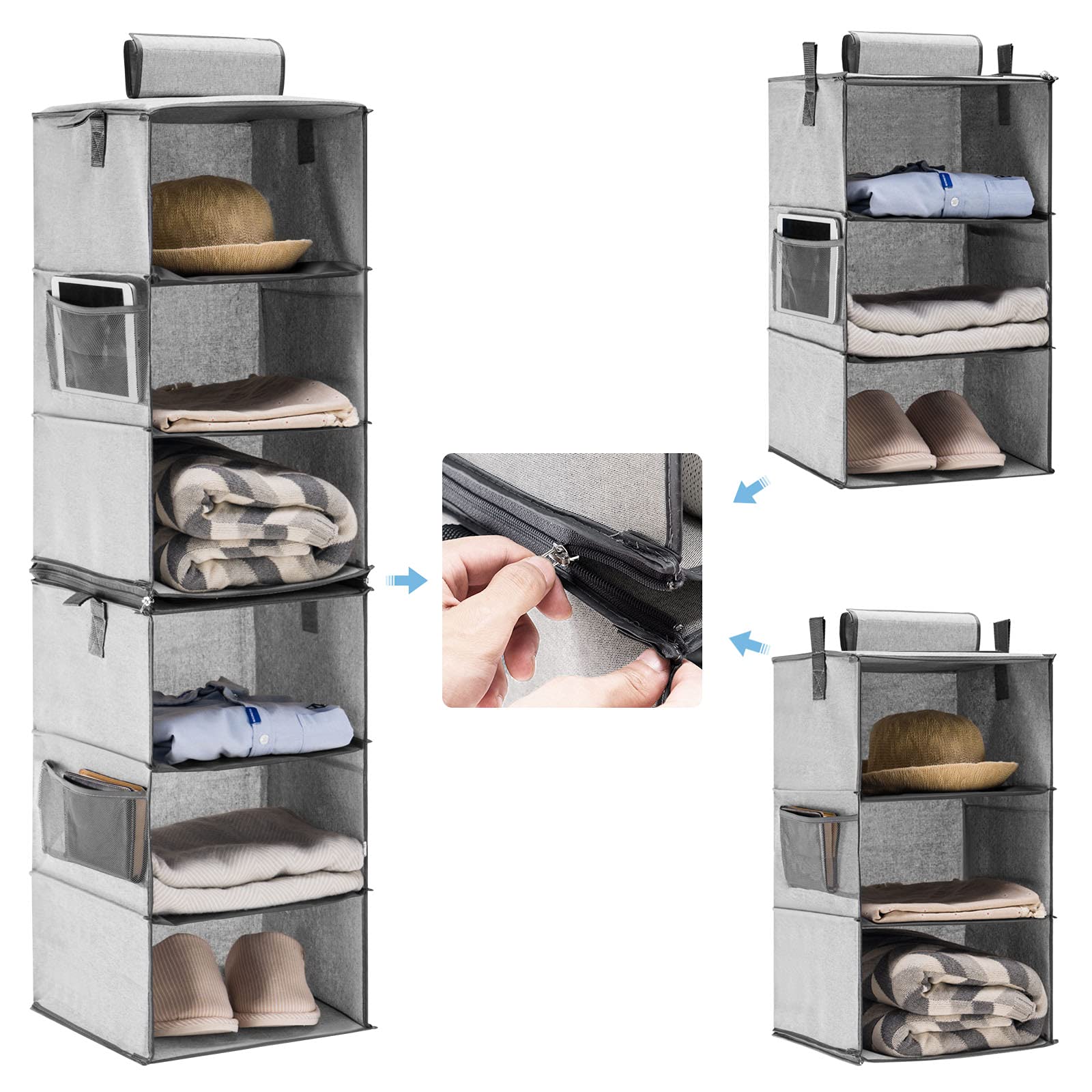 2-Pack Gray Hanging Closet Organizer with 3 Adjustable Shelves - Space Saving Storage for Closet, Dorm, RV, Apartment & Small Spaces - Foldable Shelves for Clothes, Shoes & Accessories Organization