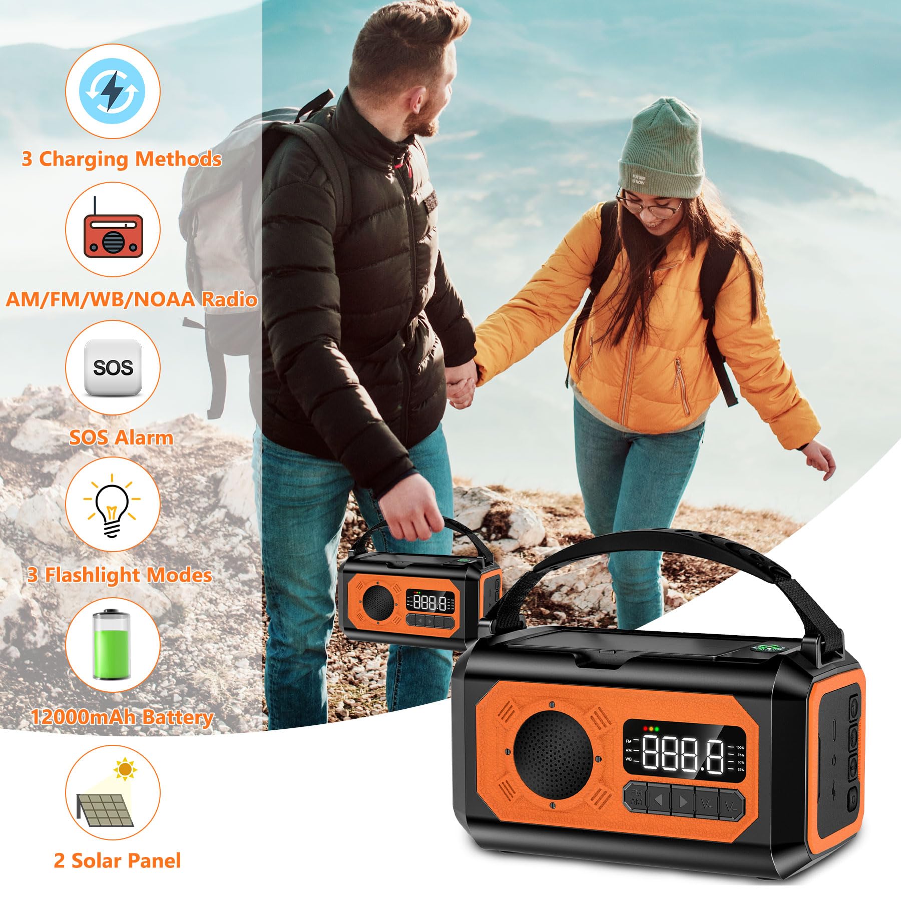 12000mAh Solar Hand Crank Emergency Radio with AM/FM/NOAA Weather Alert, USB Type-C Charging, LED Flashlight & Reading Lamp, SOS Alarm, Compass - Perfect for Outdoor Camping, Hiking and Emergency Preparedness (Orange)