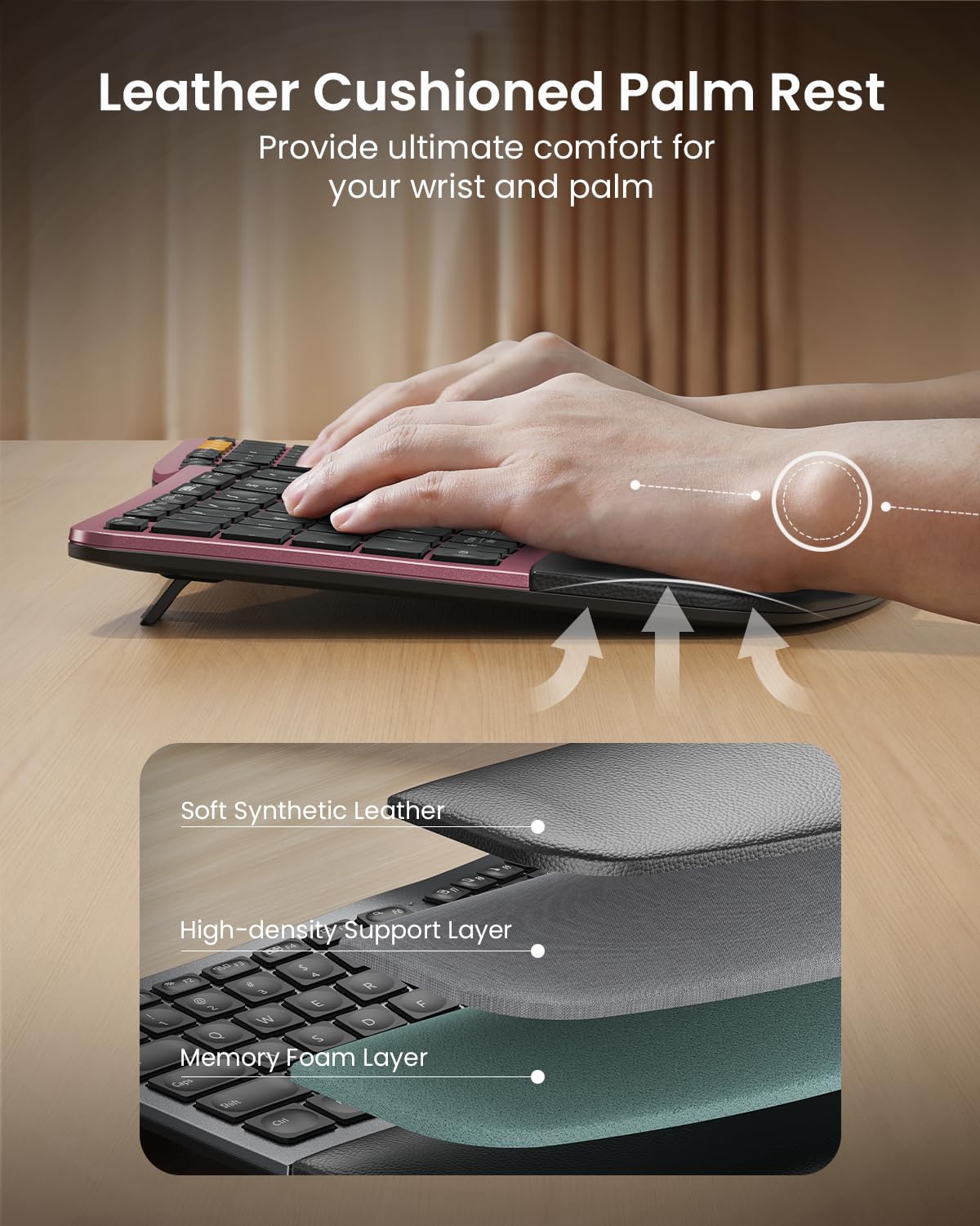 ProtoArc EK01 Plus Wireless Ergonomic Split Keyboard - Backlit Bluetooth Keyboard with Dual Connectivity (Bluetooth/USB), Rechargeable Battery, Cushioned Wrist Rest - Compatible with Windows & Mac (Wine Red) - Perfect for Office Work, Gaming & Long Typing Sessions