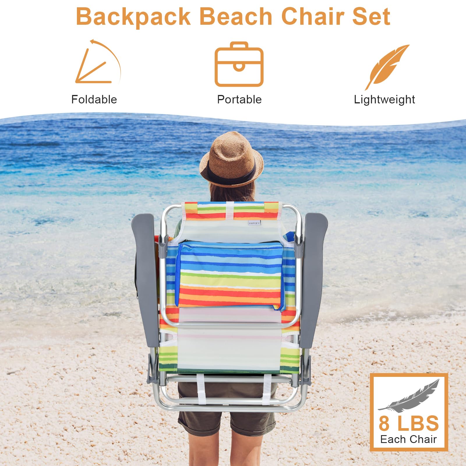 GYMAX 2-Pack Portable Folding Beach Chairs with Cooler Bag, Cup Holder & Side Pockets - Lightweight Backpack Camping Chairs for Outdoor, Picnic, Pool Party & Beach Relaxation (Yellow Strip, Includes Table)