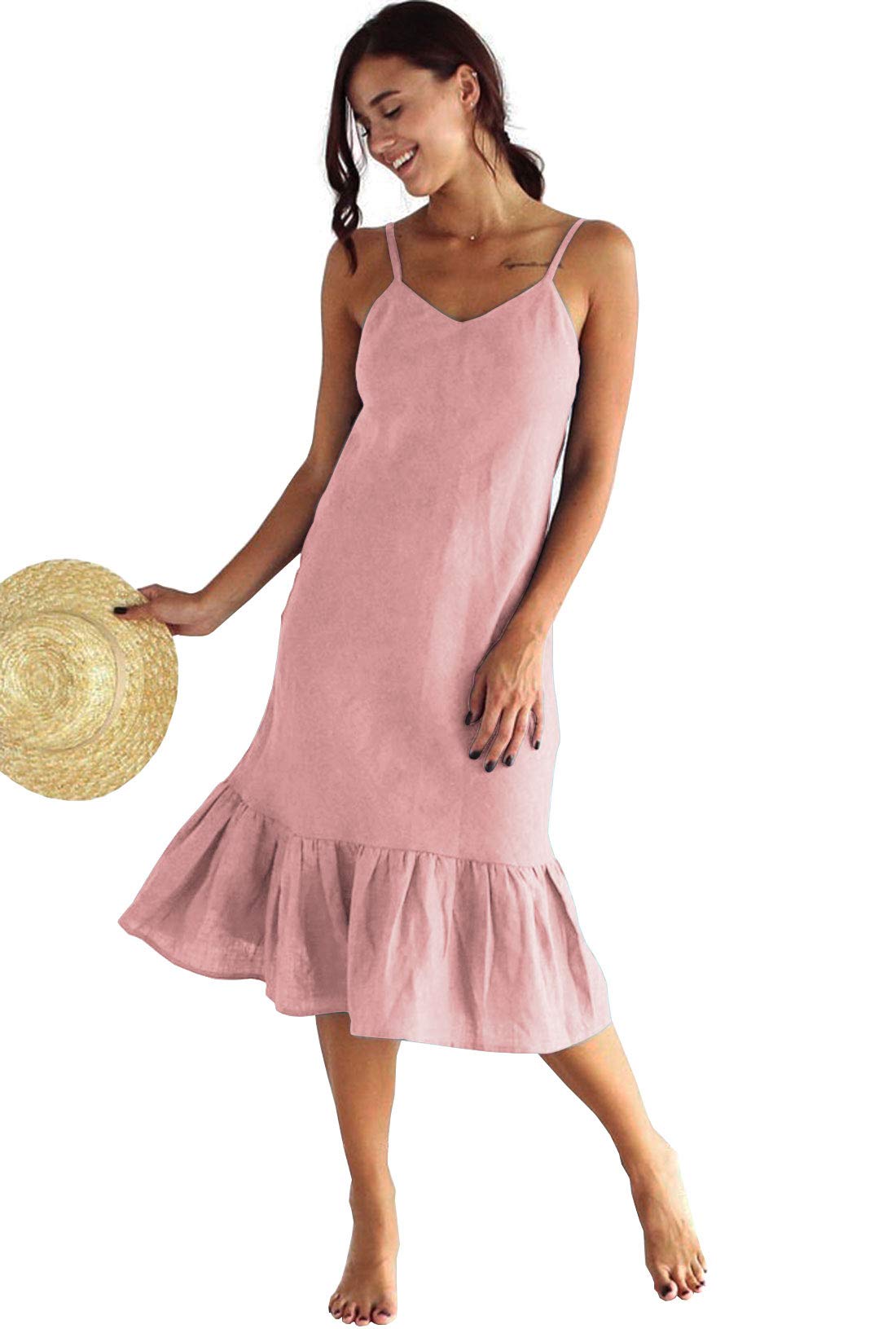 SHENBOLEN Women's Denim Suspender Dress with Ruffle Trim - Casual A-Line Midi Dress Knee Length for Spring Summer Outfits | Perfect for Date Night, Brunch & Office Wear
